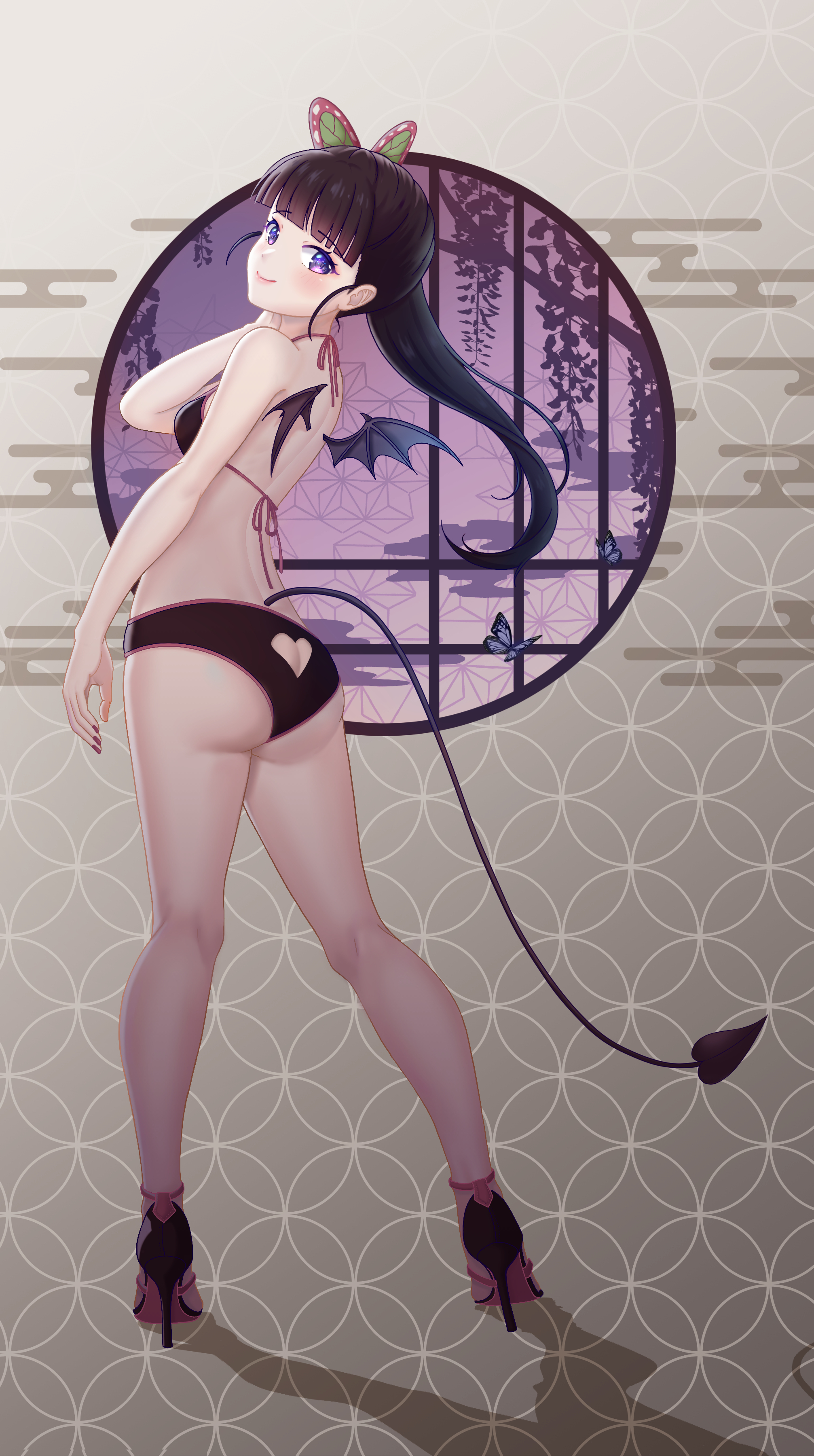 alternate costume, ass, bangs, bikini, black bikini, black hair, breasts, butterfly hair ornament, demon, demon girl, demon slayer, demon tail, demon wings, female, female only, full body, halloween costume, high heels, kimetsu no yaiba, long hair, looking at viewer, looking back, mayuneaw, nail polish, ponytail, purple eyes, rear view, side ponytail, small breasts, smile, solo, standing, swimsuit, tsuyuri kanao