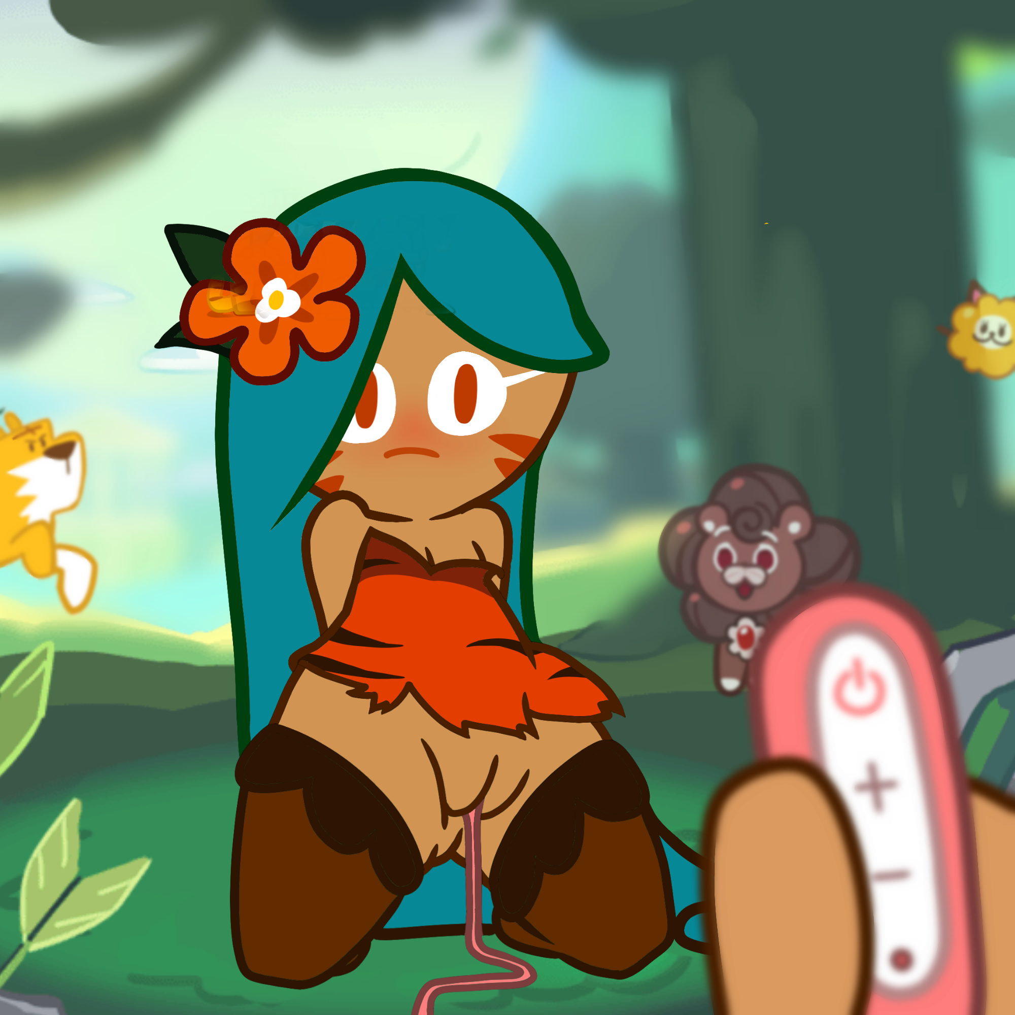 bottomless, bush, cookie run, female, kneeling, pussy, sex toy, tiger lily cookie, vibrator, vibrator in pussy