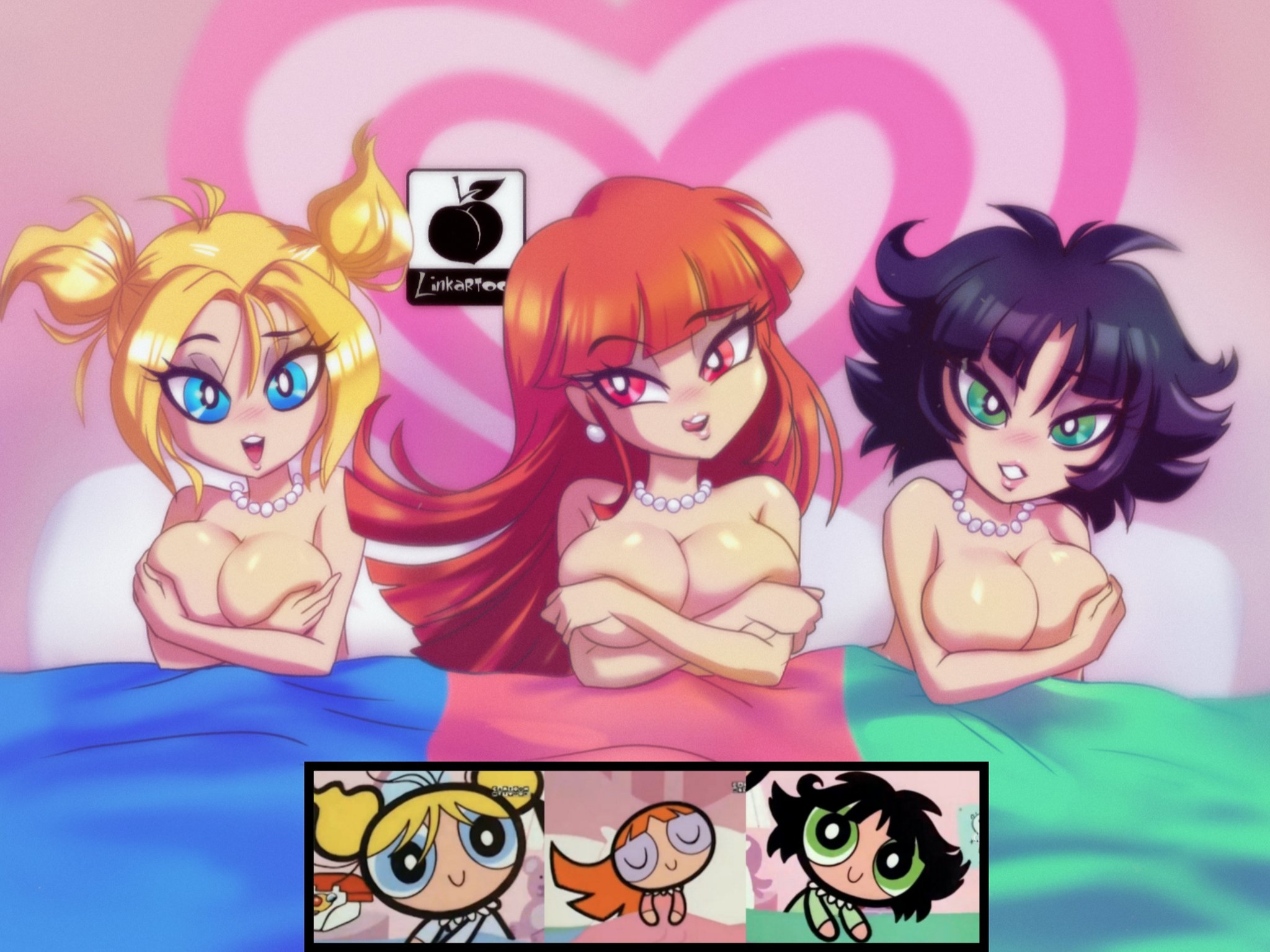 3girls, aged up, black hair, blonde hair, blossom (powerpuff girls), breasts, breasts out, bubbles (powerpuff girls), buttercup (powerpuff girls), buttercup challenge, cartoon network, female, female focus, female only, green eyes, linkartoon, lips, long hair, looking at viewer, meme, necklace, powerpuff girls, red hair, short hair, sisters, toonami, topless