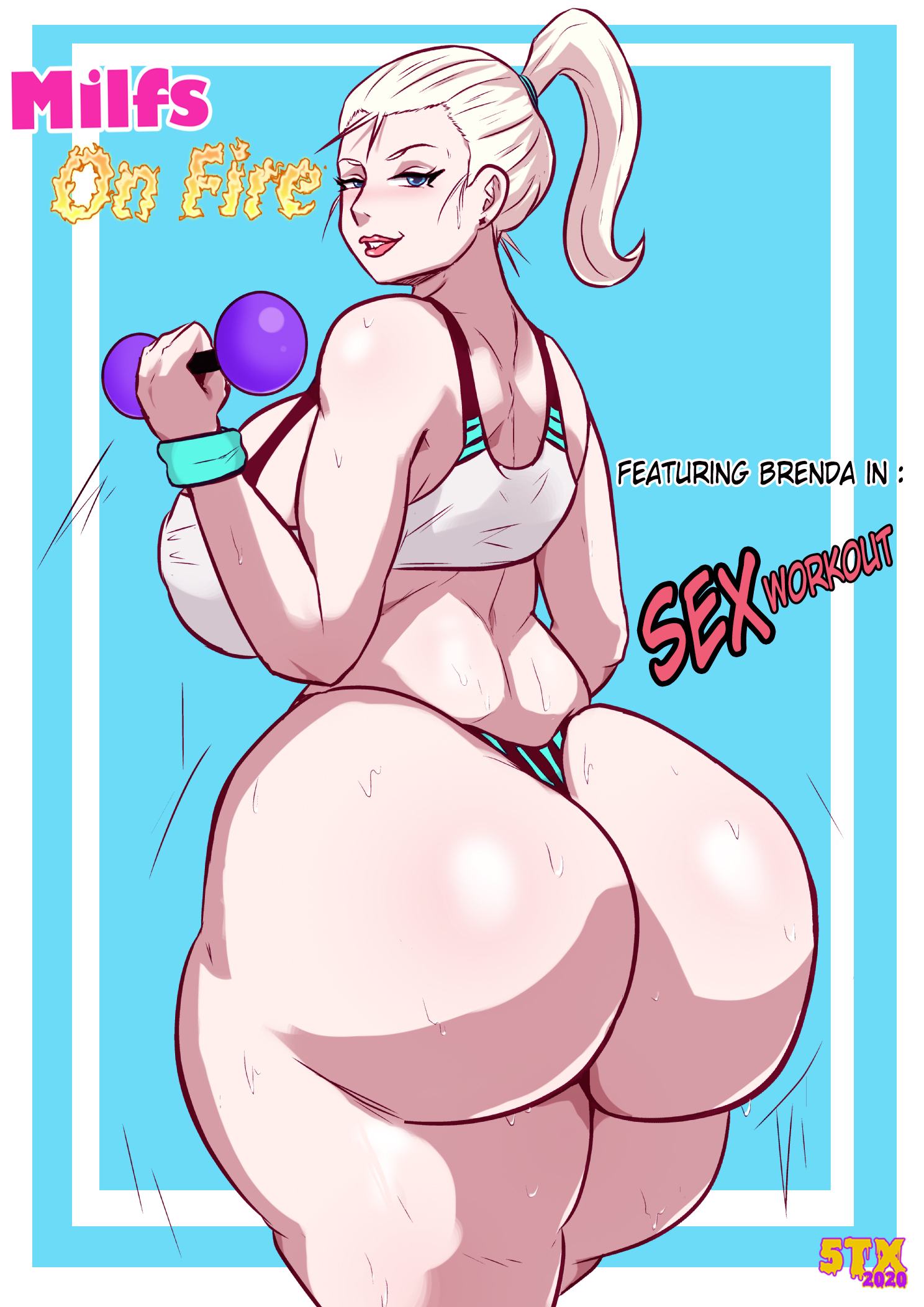 1girls, 5tarex, ass, big ass, big breasts, big butt, breasts, doujin cover, english text, eye contact, female, huge ass, large ass, large breasts, looking at viewer, looking back, mature female, milf, original, solo, sports bra, standing, sweat, text, thick thighs, thighs, thong, voluptuous, wide hips