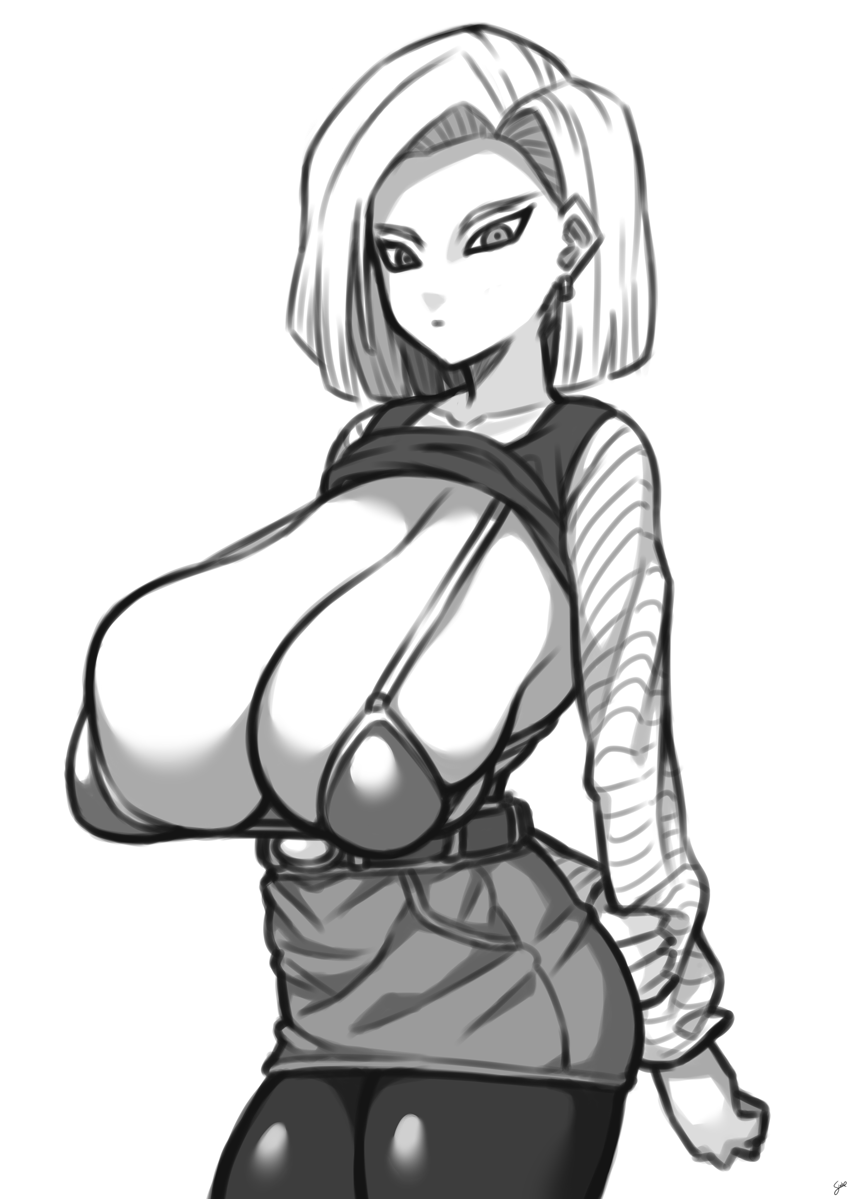 1girls, absurdres, android 18, bra, breasts, cleavage, coffeelove68, dragon ball, dragon ball z, female, female only, highres, huge breasts, looking at viewer, monochrome, short hair, skirt, solo