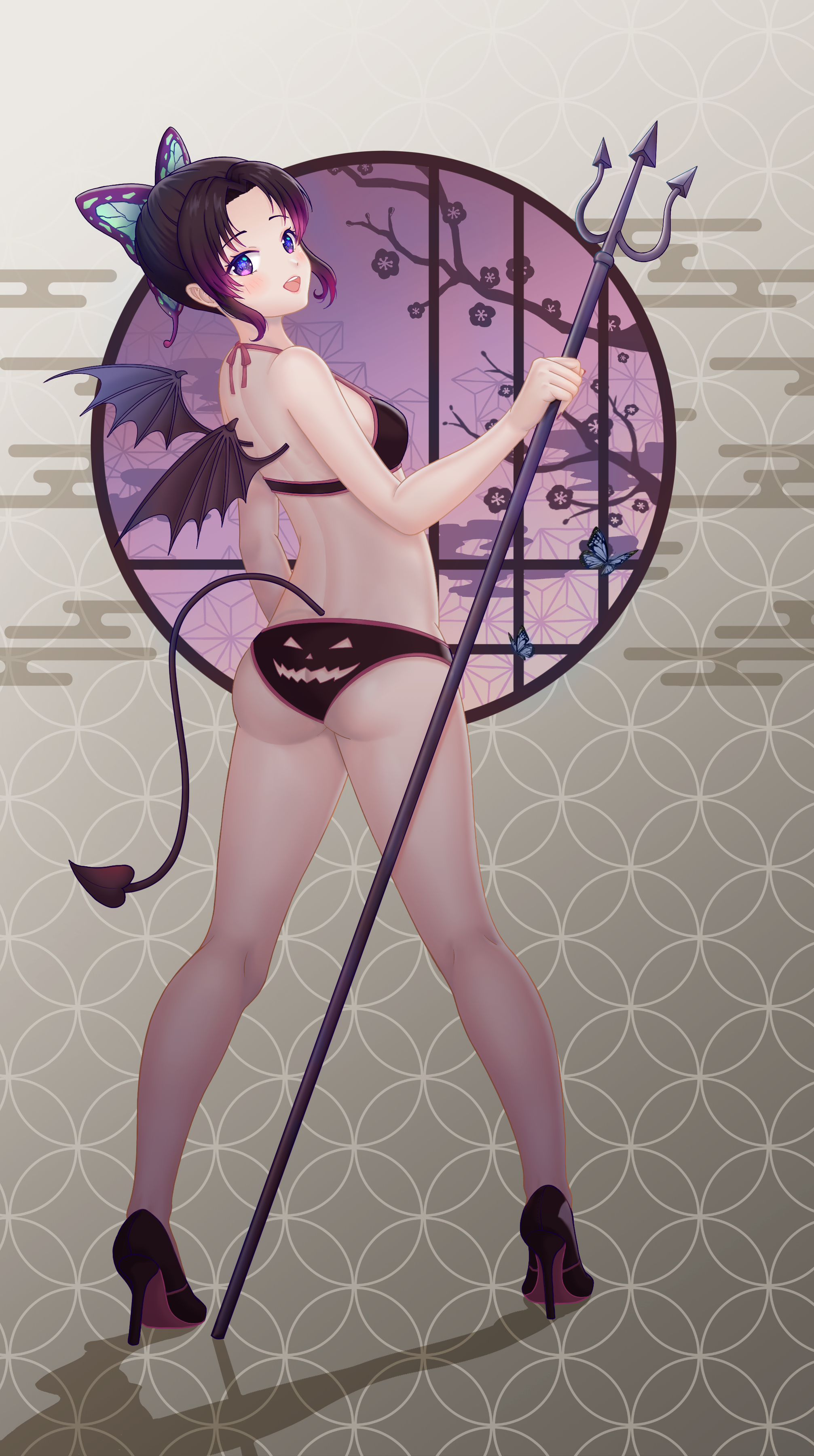 alternate costume, ass, bikini, black bikini, black hair, bubble ass, butterfly hair ornament, demon, demon girl, demon slayer, demon tail, demon wings, female, female only, full body, gradient hair, halloween costume, high heels, kimetsu no yaiba, kochou shinobu, looking at viewer, looking back, mayuneaw, open mouth, purple eyes, rear view, smile, solo, standing, swimsuit, two-tone hair