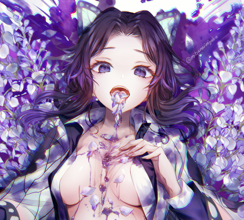 black hair, butterfly, butterfly hair ornament, close-up, covered nipples, demon slayer, female, female only, flowers, haori, kimetsu no yaiba, kochou shinobu, looking at viewer, mitsunarimiyako, no bra, on back, open mouth, open shirt, petals, poison, purple eyes, purple hair, solo, uniform, wisteria (flower)