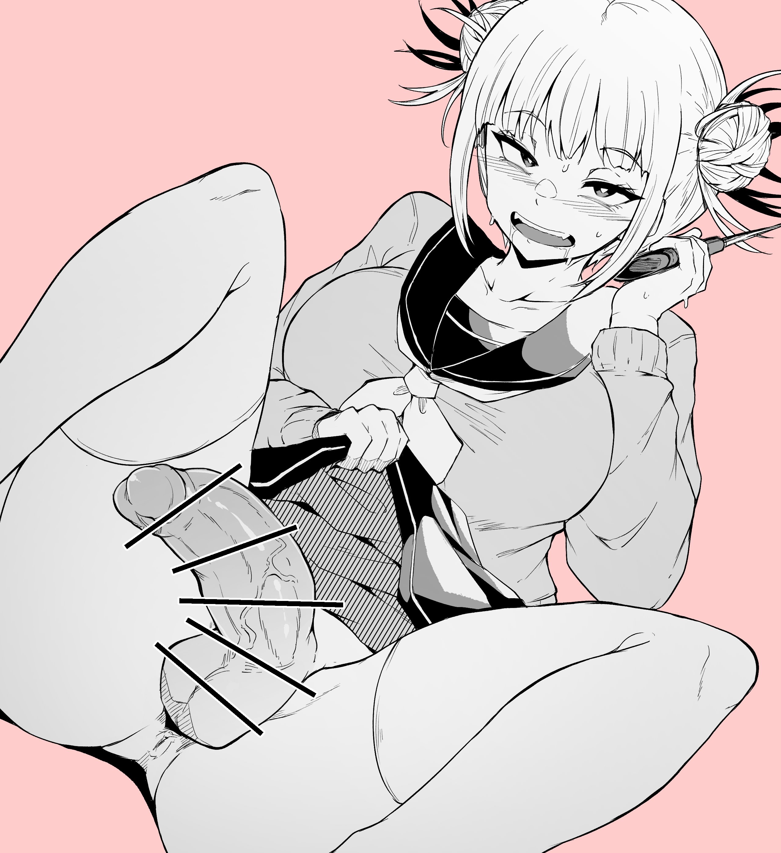 1futa, anus, ass, balls, bangs, big breasts, big penis, breasts, censored, clothed, clothing, drooling, erection, futa only, futanari, half-erect, himiko toga, human, intersex, knife, looking at viewer, makin tama, monochrome, mostly clothed, my hero academia, penis, sitting, skirt, skirt lift, solo, spread legs, tagme, thighhighs, veins, veiny penis