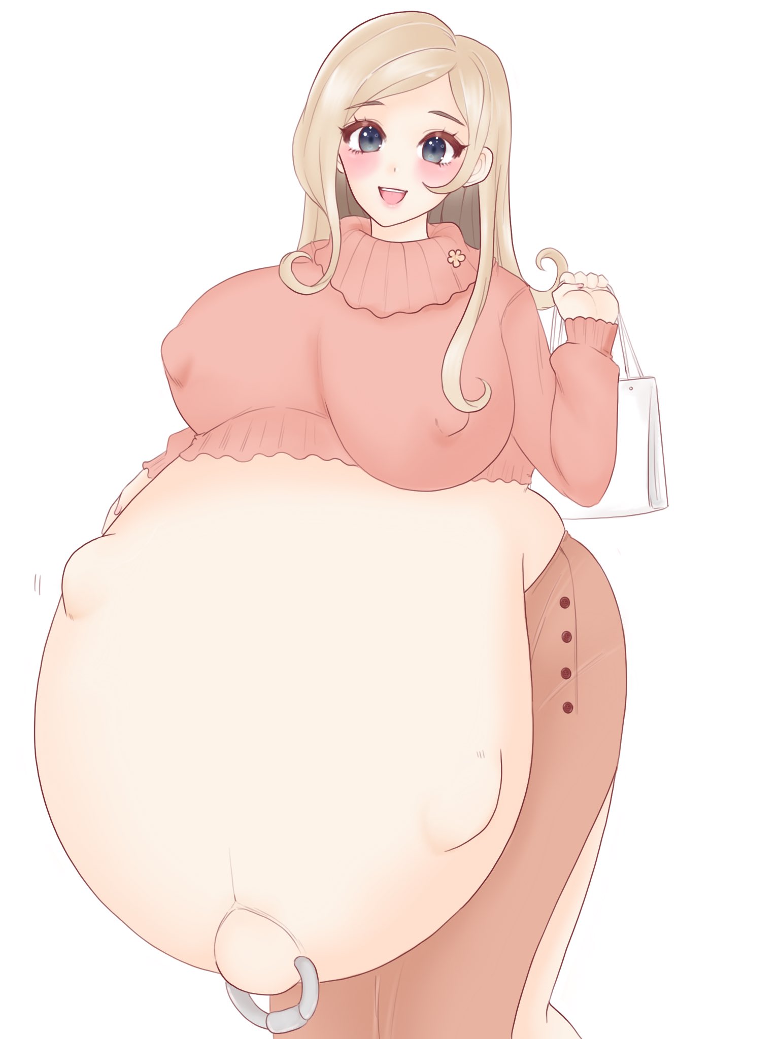 1girls, 5 fingers, belly, belly bulge, big belly, big breasts, breasts, cleavage, cute, eyebrows, eyebrows visible through hair, eyelashes, female, female only, fetal movement, huge belly, huge breasts, human, human only, humanoid, hyper belly, hyper pregnancy, large belly, large breasts, looking at viewer, navel piercing, nipple bulge, open mouth, piercing, pregnant, purinpaw, ready to pop, simple background, smile, smiling, smiling at viewer, solo, solo female, stomach bulge, white background