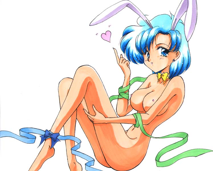 1990s 1997 1girls 20th_century ami_mizuno animal_ears bishoujo_senshi_sailor_moon blue_eyes blue_hair blue_ribbon bow bowtie breasts bunny_ears detached_collar earrings fake_animal_ears feet female female_only green_ribbons heart index_finger_raised jewelry long_legs looking_at_viewer matching_hair/eyes medium_breasts navel nipples nude occult_(artist) ribbon short_hair simple_background smile solo teeth thighs white_background