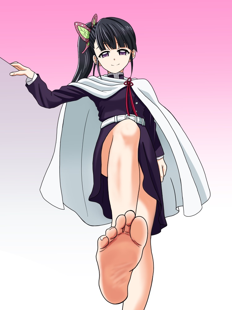 bangs barefoot black_hair butterfly_hair_ornament cape demon_slayer feet female female_only foot_fetish foot_focus fully_clothed gradient_background kimetsu_no_yaiba looking_at_viewer low-angle_view nush_advance pink_background ponytail purple_eyes side_ponytail smile soles solo tsuyuri_kanao uniform