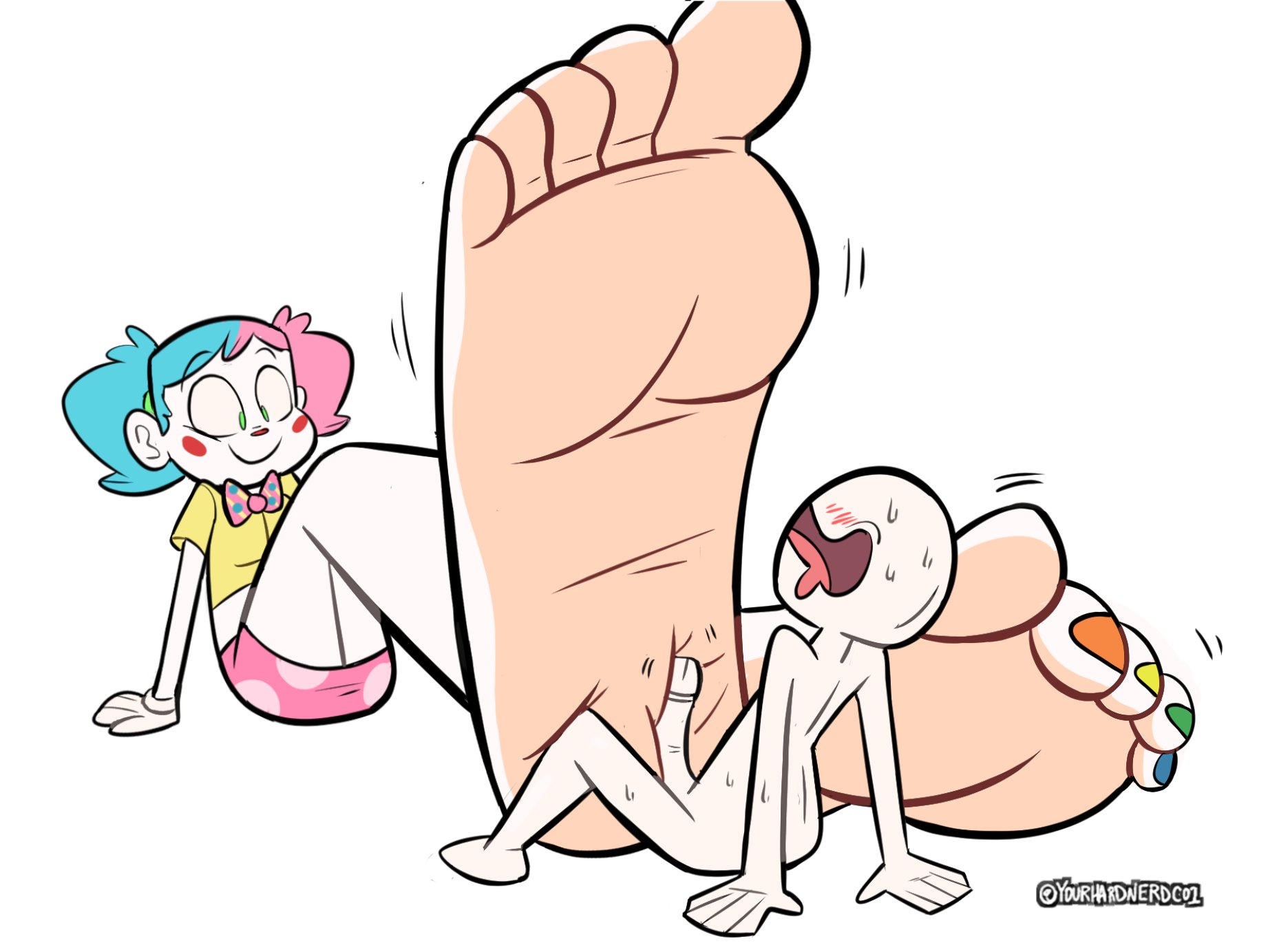barefoot, big feet, clown, clown girl, feet, female, foot fetish, foot focus, footjob, giantess, kitchy koo (yourhardnerdcollector), male, nail polish, original character, penis, soles, toes, yourhardnerdcollector