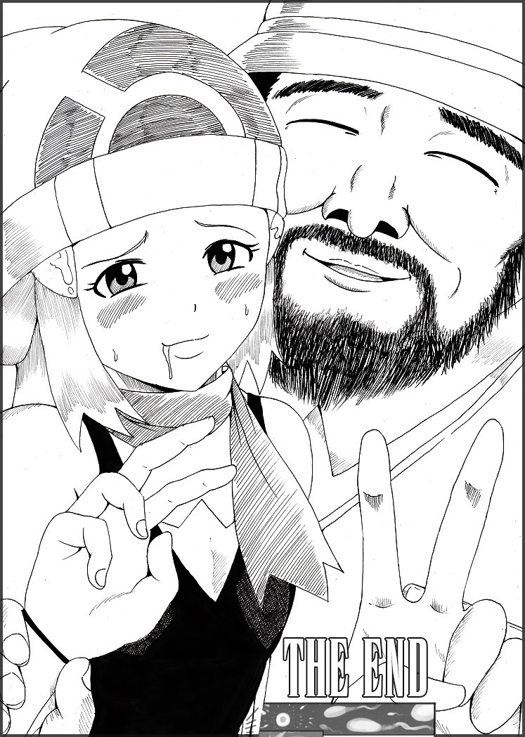 1boy, 1girls, after rape, after sex, broken rape victim, comic, cum, cum in mouth, cum on face, dawn (pokemon), defeated, defeated heroine, english text, female, hiker (pokemon dppt), hiker (pokemon), human, impregnation, male, monochrome, nintendo, npc trainer, old male, ovum, peace sign, pokemon, pokemon dppt, porkpie hat, pregnant, rape, sex slave, smile, text