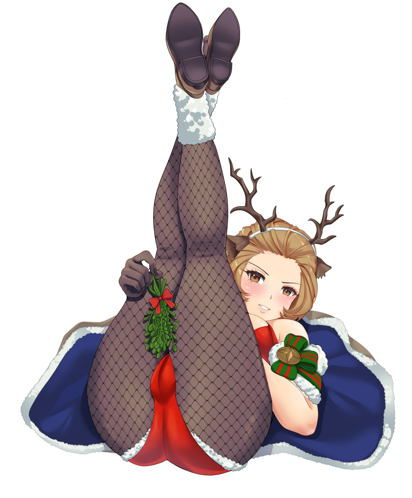 1girls alternate_costume antlers ass breasts brown_eyes brown_hair cape female_only fire_emblem fire_emblem:_three_houses fire_emblem_heroes fishnet_legwear fishnets inviting large_ass large_breasts legs_up leotard looking_at_viewer manuela_casagranda manuela_casagranda_(winter) mistletoe nintendo official_alternate_costume partially_visible_vulva smile solo stormzero