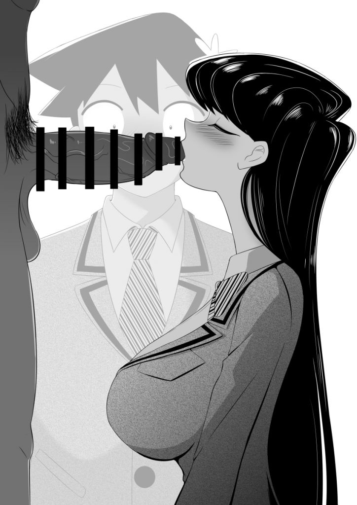 asian black_hair cheating cuckold dark-skinned_male dark_skin eye_contact kissing_penis kneeling komi-san_wa_komyushou_desu komi_shouko netorare ntr oral penis_awe penis_kiss penis_kissing tadano_hitohito yamino_kuroko