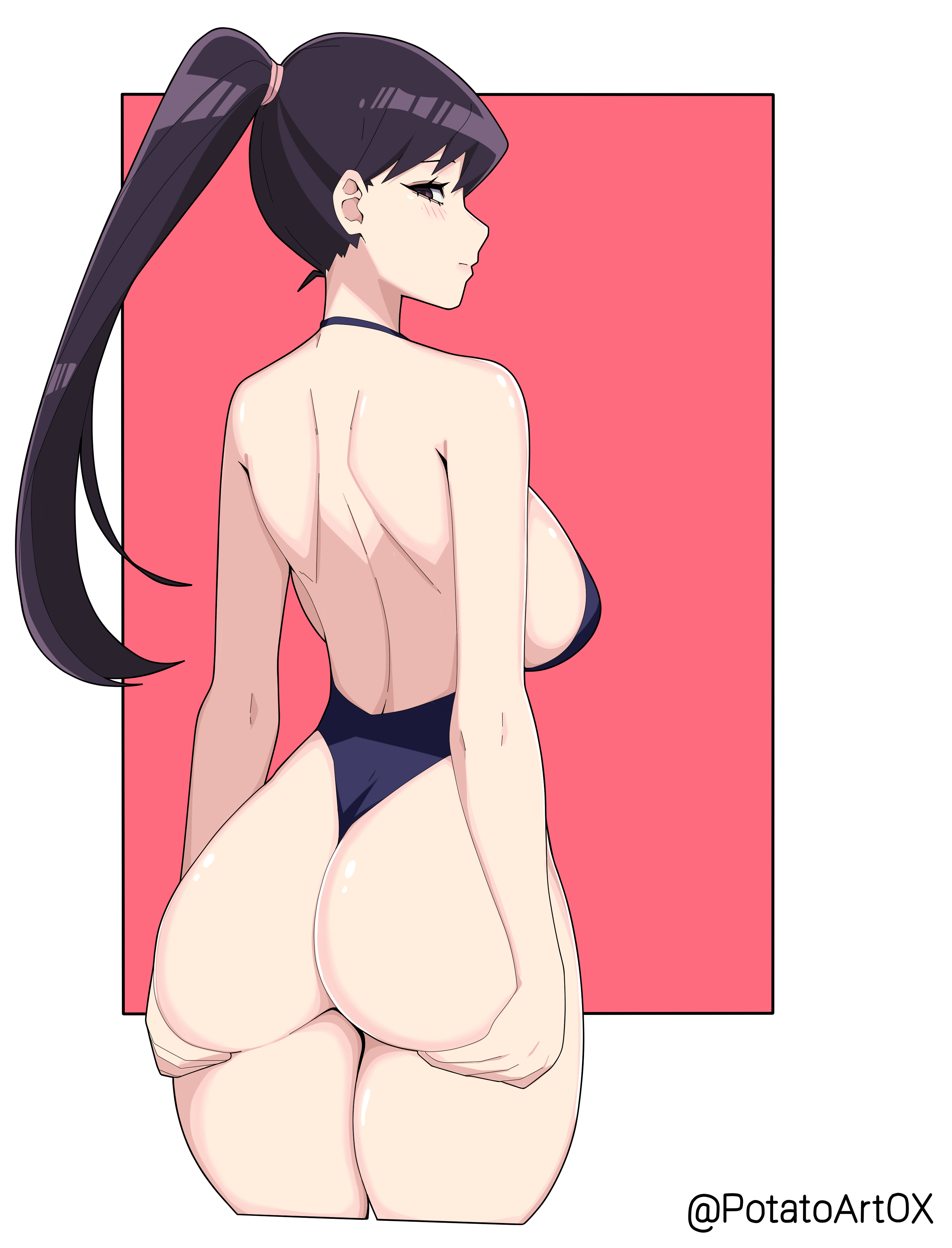 1girls, 2021, absurdres, ass, back, black swimsuit, breasts, competition swimsuit, cropped legs, female, female focus, female only, from behind, hands on ass, hands on own ass, highres, huge breasts, komi shouko, komi-san wa komyushou desu, large breasts, long hair, looking at viewer, looking back, one-piece swimsuit, one-piece thong, ponytail, potatoartox, purple hair, self upload, simple background, solo, solo female, standing, swimsuit, thick thighs, thighs, thong, twitter username
