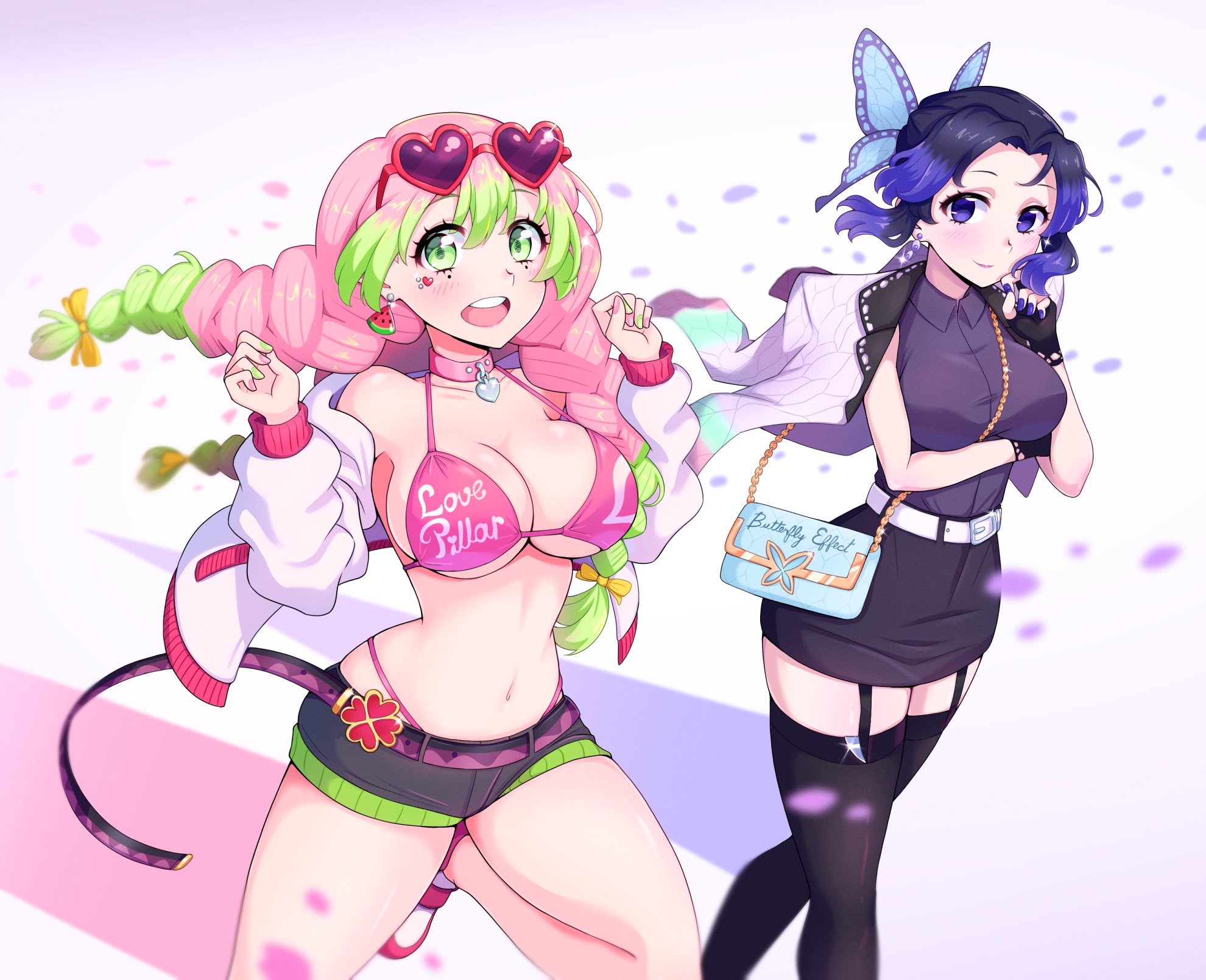 2girls, alternate costume, arm under breasts, bangs, big breasts, bikini, bikini under clothes, black gloves, black hair, black legwear, black thighhighs, blush, braided hair, breasts, butterfly hair ornament, choker, cleavage, dark hair, demon slayer, earrings, feet out of frame, female, female only, fingerless gloves, garter straps, gloves, green eyes, green highlights, hairbow, heart-shaped sunglasses, hourglass figure, jacket, jacket on shoulders, kanroji mitsuri, kimetsu no yaiba, kochou shinobu, long hair, looking at viewer, mole under eye, nail polish, pencil skirt, petals, pink hair, pink-haired female, purple eyes, purple hair, purple highlights, purple nails, purple-haired female, short shorts, sleeveless shirt, smile, stockings, sunglasses on head, thick thighs, thighhighs, thin waist, two-tone hair, underboob, wide hips, wind, zettai ryouiki