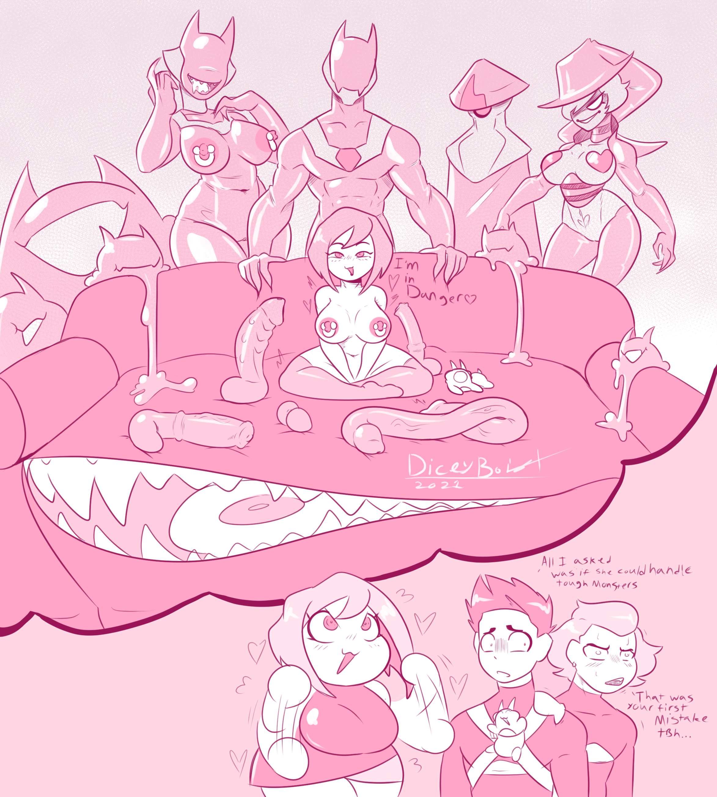 areolae, babditchdicey, badbitchdicey, big breasts, bodysuit, breasts, diceyboi, dildo, female, gangbang, group, horny, latex, mimic, monochrome, monster, monster girl, multiple females, multiple girls, pink eyes, pink hair, rose (badbitchdicey), rose (diceyboi), rubber, sex toy, slime, thighs, witch hat