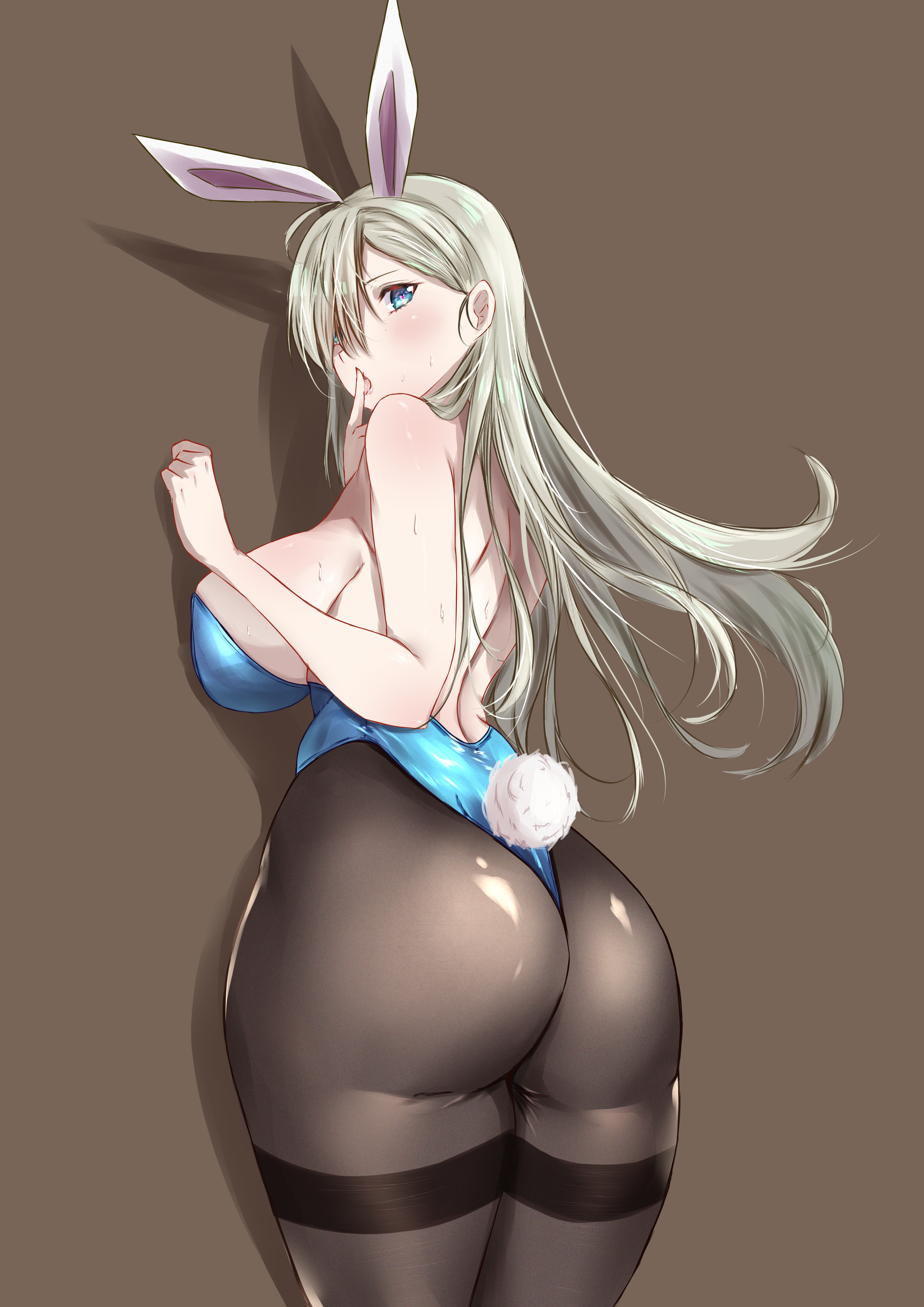1girls, 2021, ass, ass focus, asuna (blue archive), asuna (bunny) (blue archive), big breasts, blonde hair, blue archive, blue eyes, blue leotard, breasts, brown background, bunny ears, bunny tail, bunnysuit, female, female focus, female only, heart-shaped pupils, legwear, leotard, light skin, light-skinned female, looking at viewer, looking back, noyuki (3702), pale skin, pale-skinned female, playboy bunny, sideboob, simple background, solo, solo female, standing