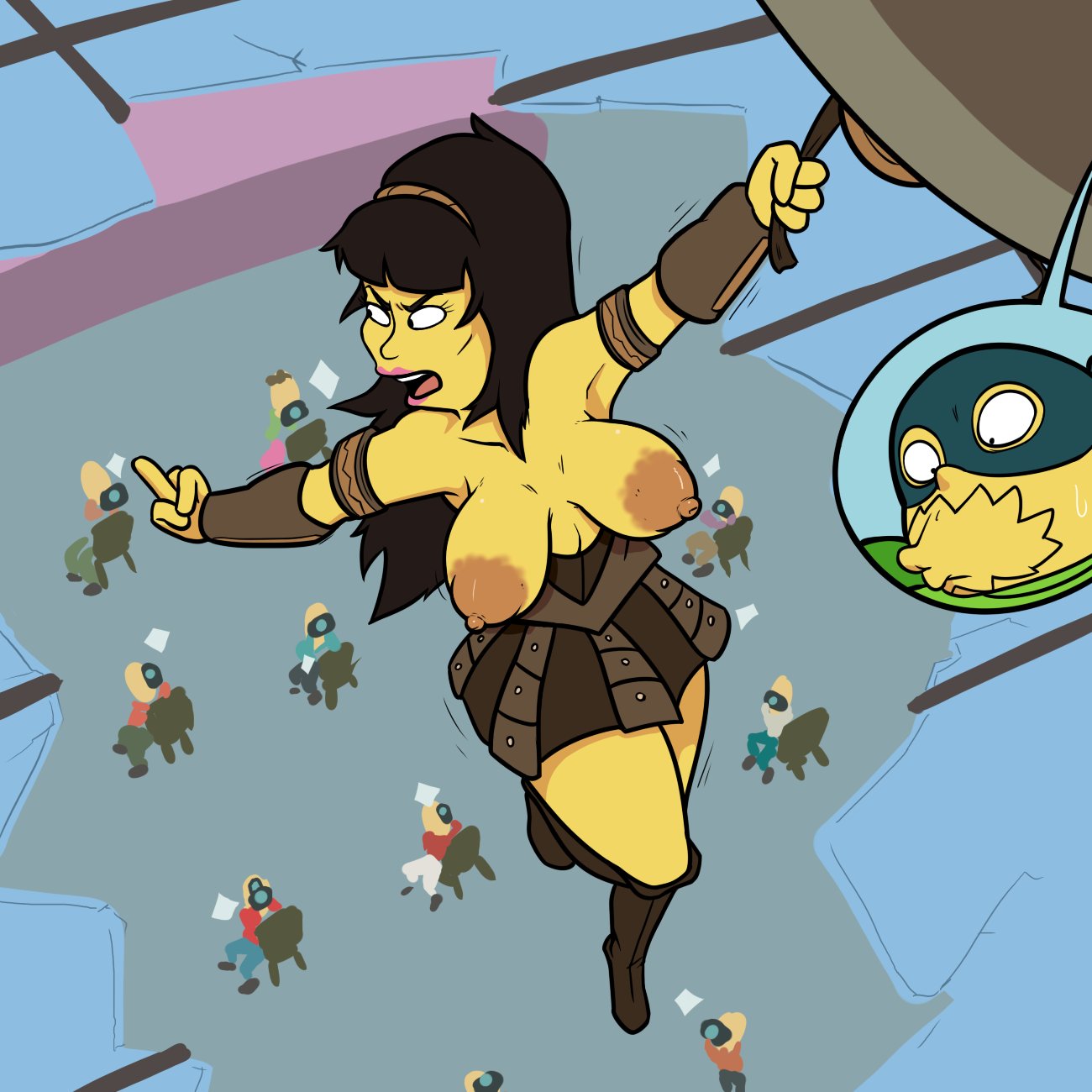 1girls alternate_version_available big_breasts black_hair comic_book_guy exposed_breasts long_hair lucy_lawless nipples terrible_the_drawfag the_simpsons xena_warrior_princess yellow_skin