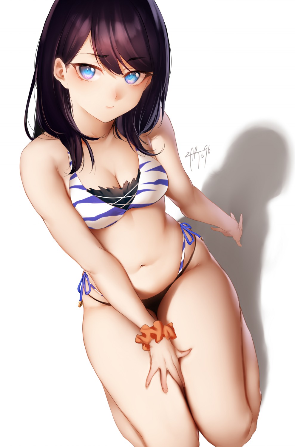 1girls 2021 artist_signature bare_legs belly_button bikini black_hair blue_eyes blush embarrassed female female_focus female_only kneeling long_hair looking_at_viewer looking_up side-tie_bikini simple_background ssss.gridman striped_bikini_top swimsuit takarada_rikka thick_thighs thighs white_background zasshu96