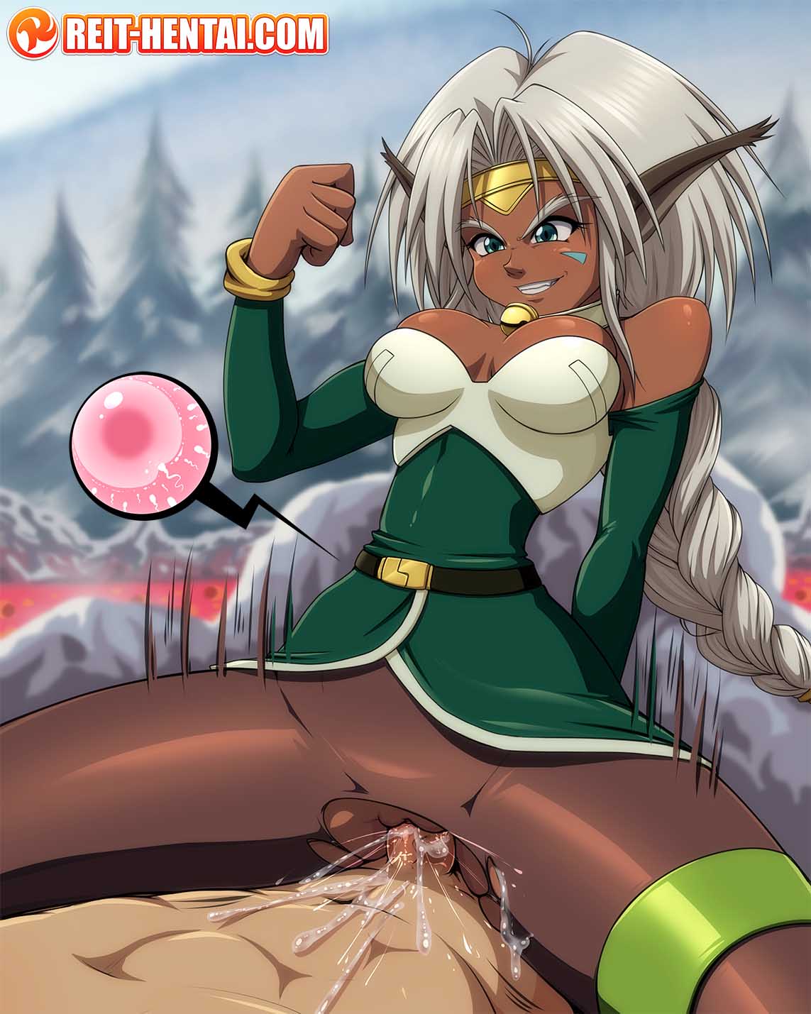 1boy, 1girls, abs, aisha clanclan, animal ears, big breasts, blonde hair, blue eyes, braid, breasts, circlet, cowgirl position, cum, cum in pussy, cum inside, dark skin, dark-skinned female, faceless male, female, human, human on humanoid, humanoid, impregnation, interracial, large breasts, long ears, long hair, male, male/female, outlaw star, ovum, penis, pussy, reit, smile, smirk, tagme, thick thighs, vaginal penetration, watermark, white hair, wide hips