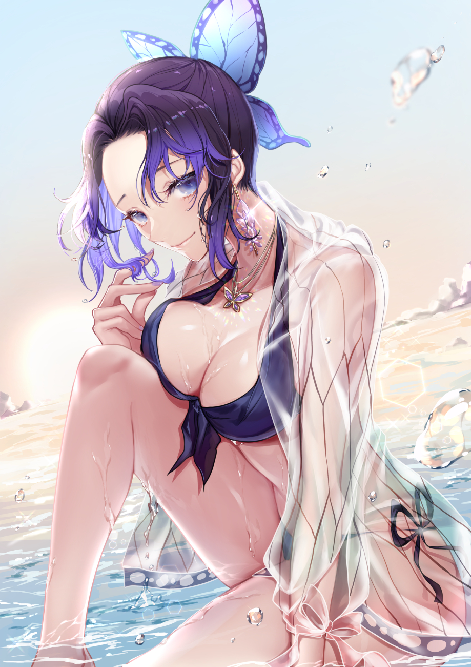 1girls, beach, big breasts, bikini, black bikini, breast squish, breasts, butterfly hair ornament, cleavage, demon slayer, earrings, female, female only, gradient hair, jewelry, kimetsu no yaiba, kochou shinobu, looking at viewer, mitsunarimiyako, necklace, purple eyes, purple hair, purple-haired female, see-through clothing, side-tie bikini, sitting, smile, solo, swimsuit, twirling hair, two-tone hair, water, wet
