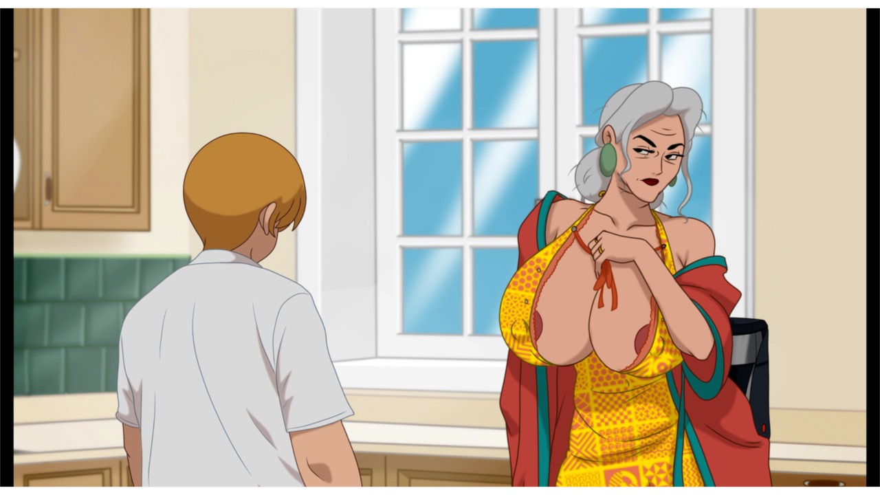 1boy, 1girls, age difference, breasts, discreenvision, dress, earrings, female, fred (discreenvision), frown, gilf, grandma diana (discreenvision), grandmother, grey hair, hair bun, huge breasts, inusen, large breasts, lipstick, long hair, looking to the side, male, mature female, nipple bulge, nipples, nipples visible through clothing, older female, older female and younger male, original, original character, posing, the secret of the house, thick lips, voluptuous, yellow dress