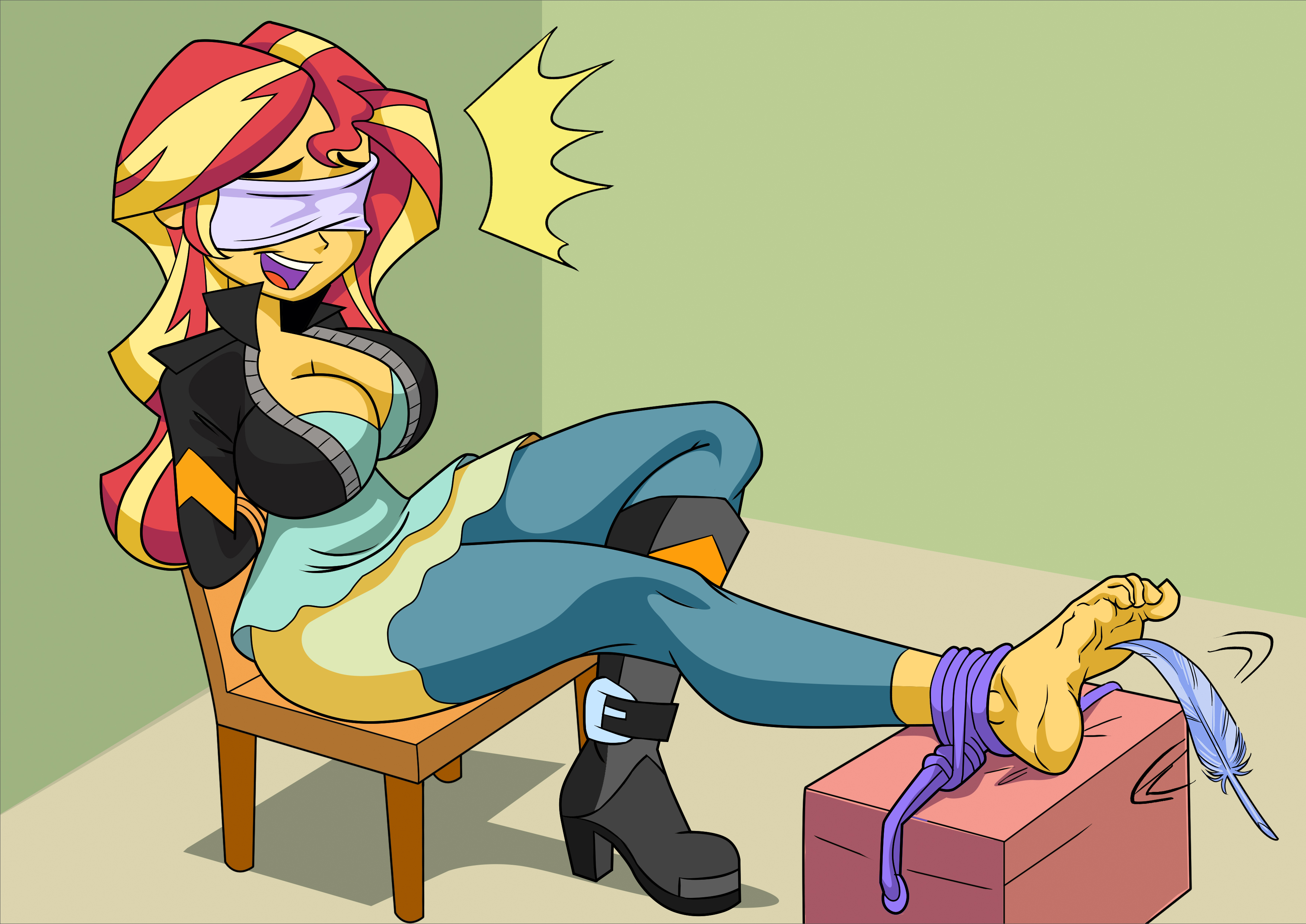 1girls, arms behind back, art-2u, barefoot, big breasts, blindfold, bondage, breasts, chair, cleavage, equestria girls, feet, feet tied, female, femsub, fetish, foot fetish, foot tickling, friendship is magic, hasbro, hi res, highres, laugh, laughing, my little pony, rope, rope bondage, solo, solo female, submissive, sunset shimmer, thighs, tickle torture, tickling, tickling feet