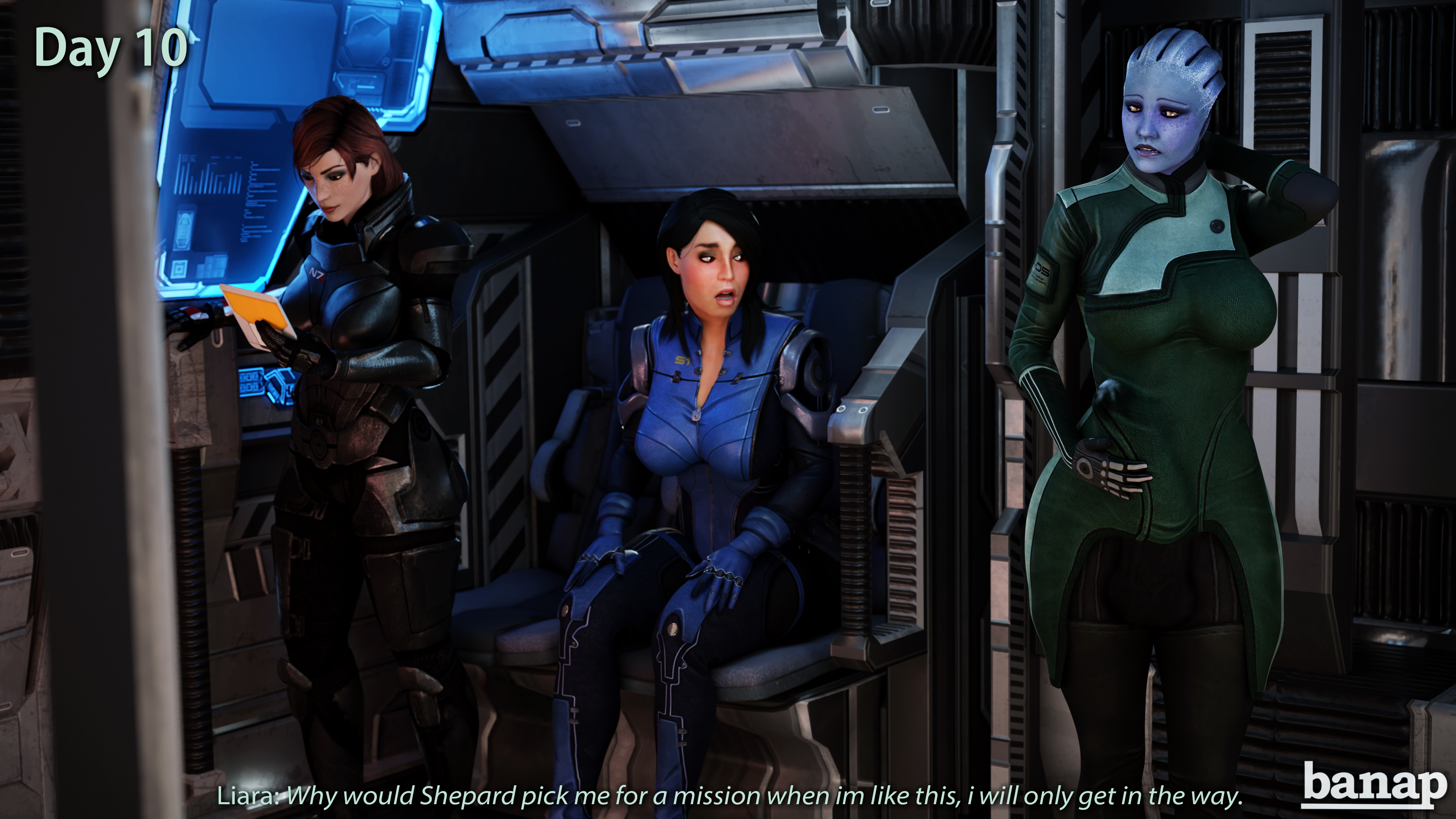 3d, 3d (artwork), asari, ashley williams, balls, banap, big balls, big penis, blender, blue skin, bulge, commander shepard, dialogue, embarrassed, femshep, futanari, intersex, leaking, leaking cum, leaking precum, liara t'soni, mass effect, penis, red hair, sci-fi, shocked, shocked expression, text