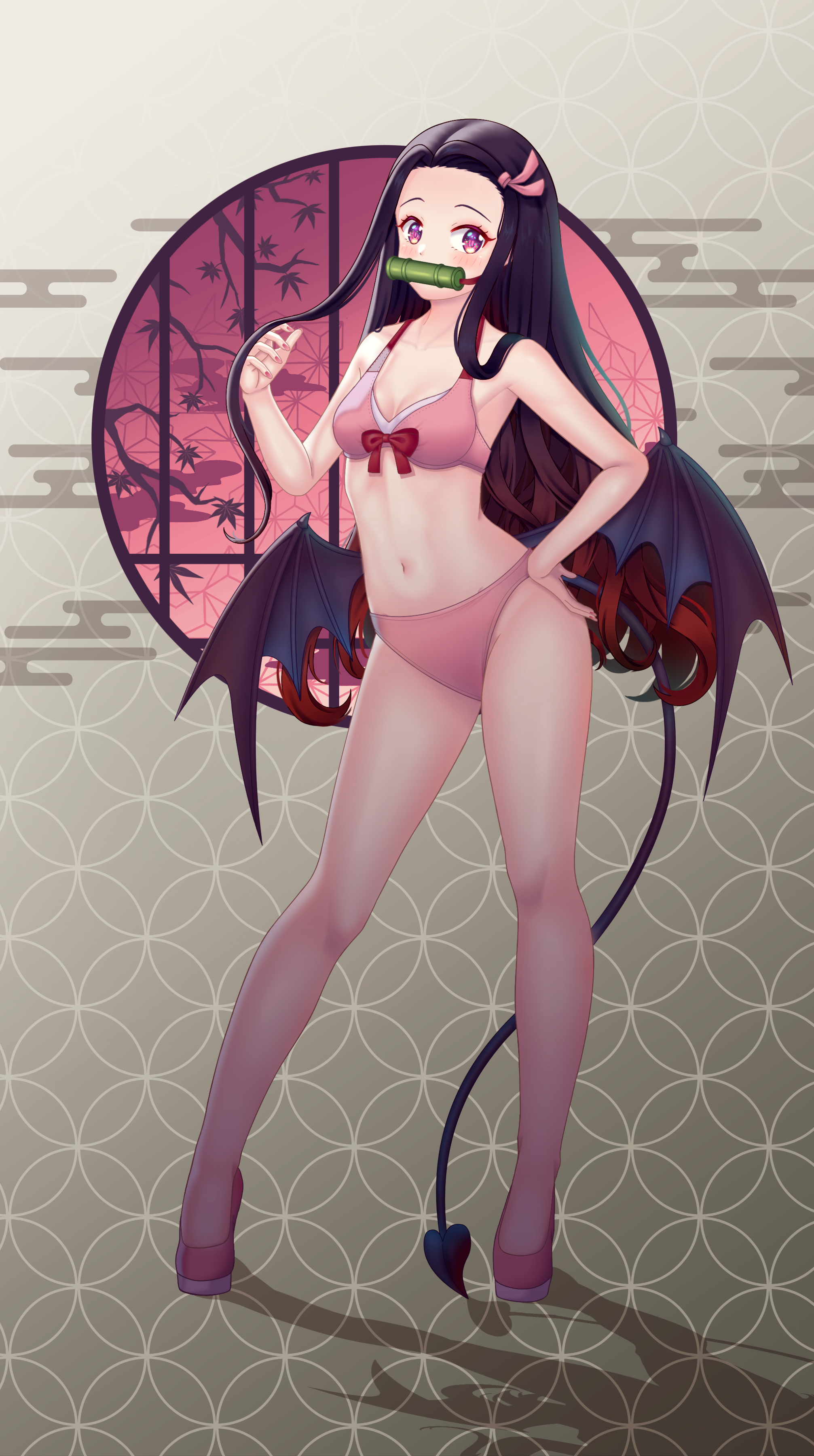 alternate costume, bikini, black hair, blush, demon, demon girl, demon slayer, demon tail, demon wings, female, female only, full body, gag, gradient hair, hair ribbon, halloween costume, hand on hip, high heels, kamado nezuko, kimetsu no yaiba, long hair, looking at viewer, mayuneaw, nail polish, pink bikini, pink eyes, pink nails, solo, standing, swimsuit, tail, two-tone hair, wings