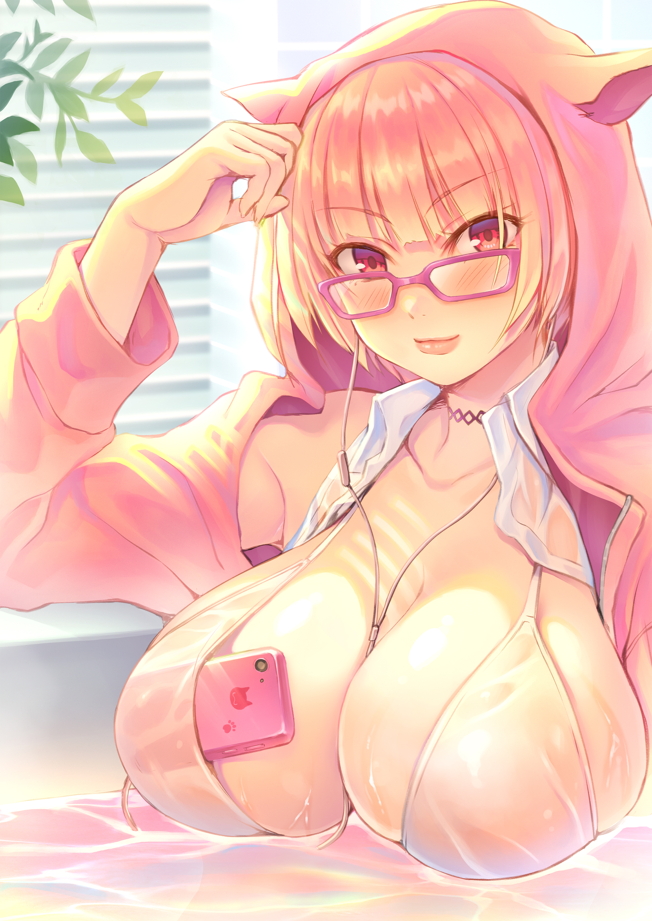 1girls, 2021, absurdres, animal hood, bath, bikini, breasts, closed mouth, female, female focus, female only, glasses, hand up, highres, hinamo, hood, large breasts, lips, looking at viewer, original, pink-framed eyewear, shirt, smile, solo, solo female, swimsuit, upper body, water, wet, wet clothes, wet shirt, wetlook, white shirt