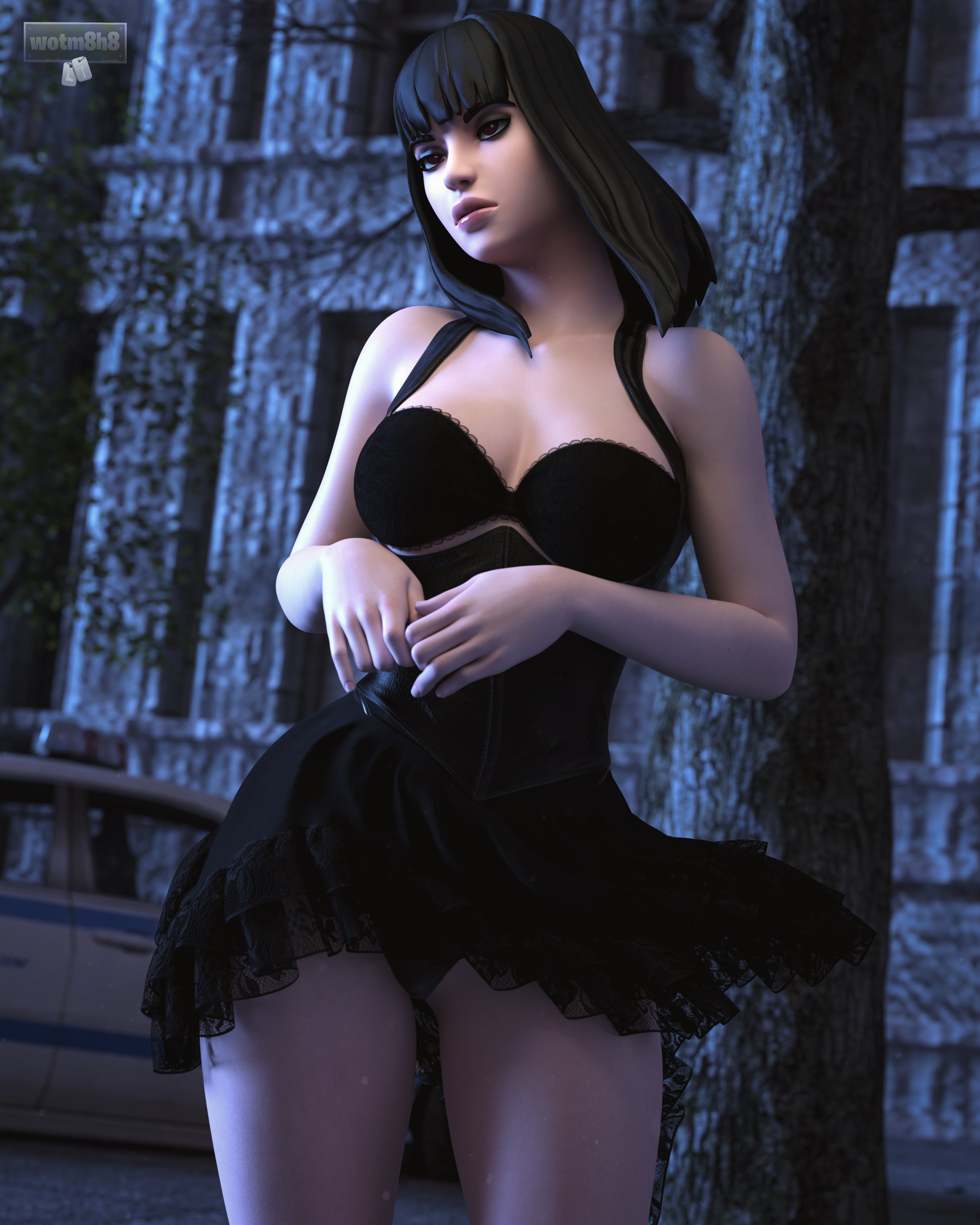 1girls, 3d, black dress, black hair, charlotte (fortnite), dress, eyebrows, eyelashes, eyeshadow, female, female only, fortnite, fortnite: battle royale, human, light skin, light-skinned female, looking away, mostly clothed, pale skin, pale-skinned female, panties, posing, red eyes, short hair, solo, solo female, standing, straight, wotm8h8