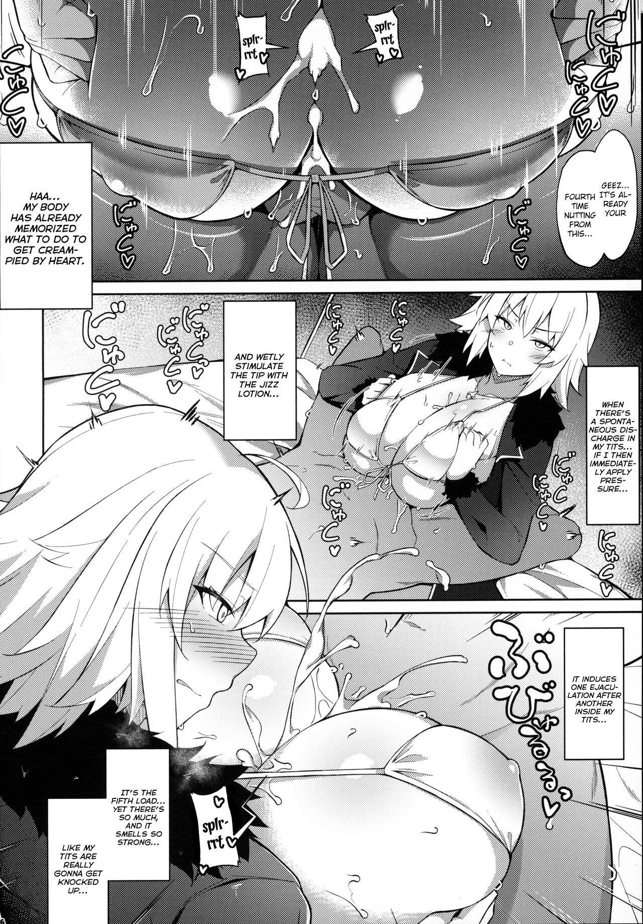 1boy, 1girls, big breasts, bikini top, bikini under clothes, breasts, censor bar, coat, cum, cum between breasts, cum dripping, cum on breasts, cumshot, ejaculation, ejaculation between breasts, embarrassed, english text, fate (series), female, fuurai (resuty), japanese text, jeanne alter, jeanne alter (swimsuit berserker), male, monochrome, multiple ejaculations, paizuri, paizuri under clothes, sweat, sweaty breasts, titfuck under clothes, titjob
