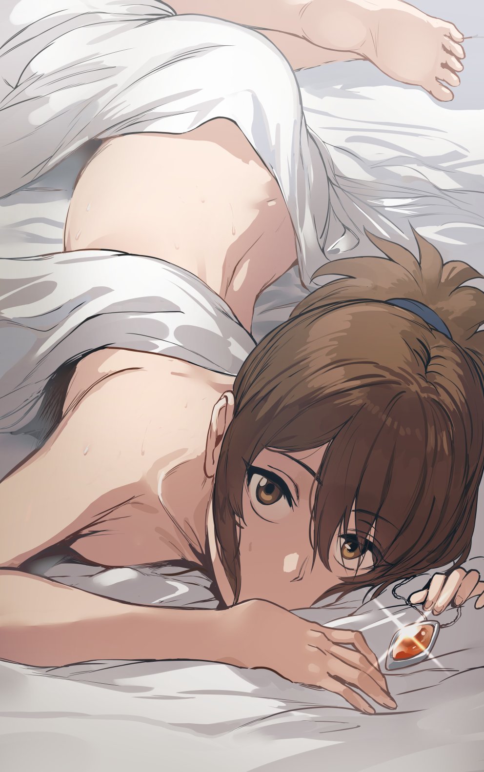 1girls back bare_back bed bedsheets brown_eyes brown_hair dota_2 feet female hews_hack laying_down laying_on_bed marci necklace nude on_stomach ponytail solo sweat valve