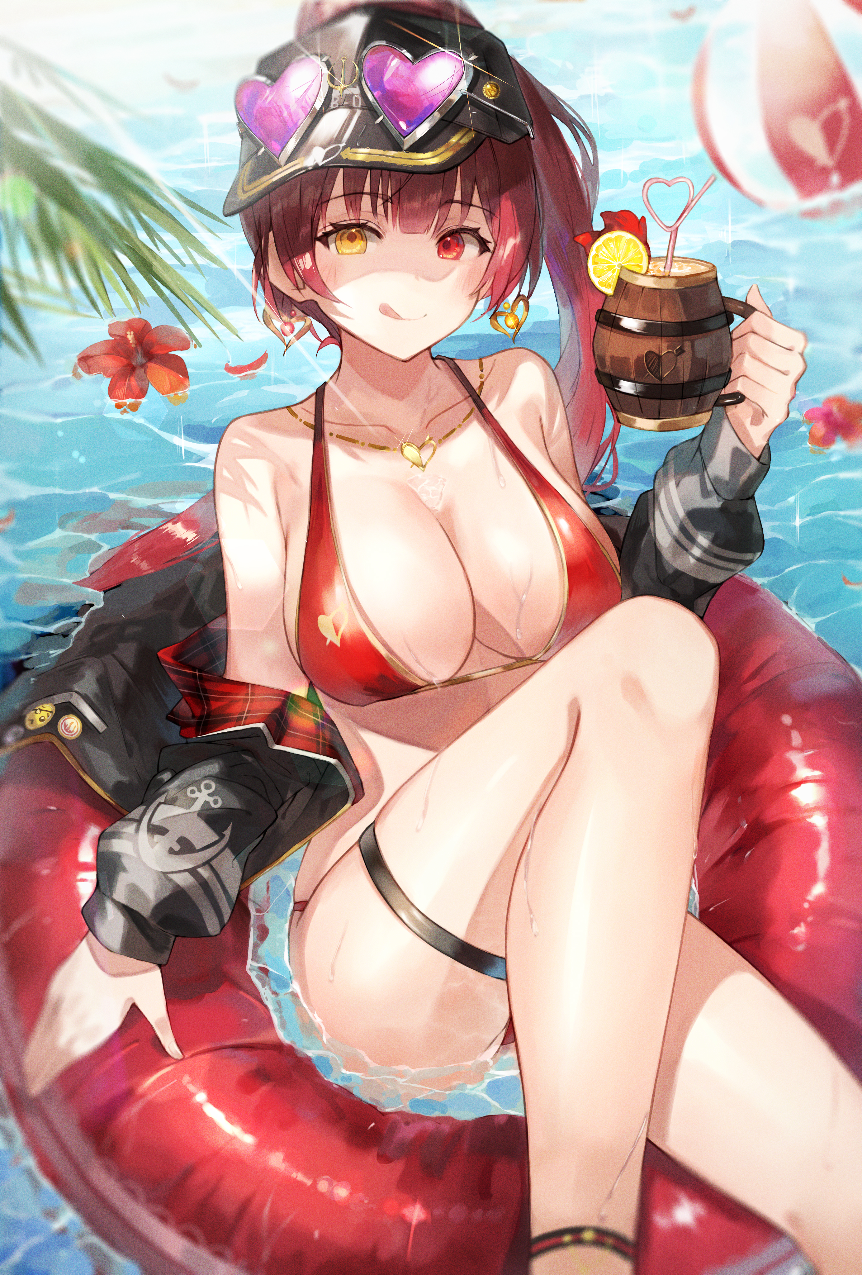 1girls, 2021, absurdres, ball (object), bangs, bare shoulders, beachball, bendy straw, bikini, black headwear, black jacket, blush, breasts, cleavage, collarbone, cup, drink, drinking straw, earrings, eyebrows visible through hair, eyewear on head, female, female focus, female only, flower, heart, heart-shaped eyewear, heterochromia, hibiscus, highres, hololive, hololive fantasy, hololive japan, houshou marine, in water, innertube, jacket, jewelry, large breasts, long hair, looking at viewer, mug, necklace, off shoulder, open mouth, ponytail, red eye, red hair, ribbon, smile, solo, solo female, sunglasses, swimsuit, taht (that is mm), thigh strap, thighs, tongue, tongue out, virtual youtuber, yellow eye
