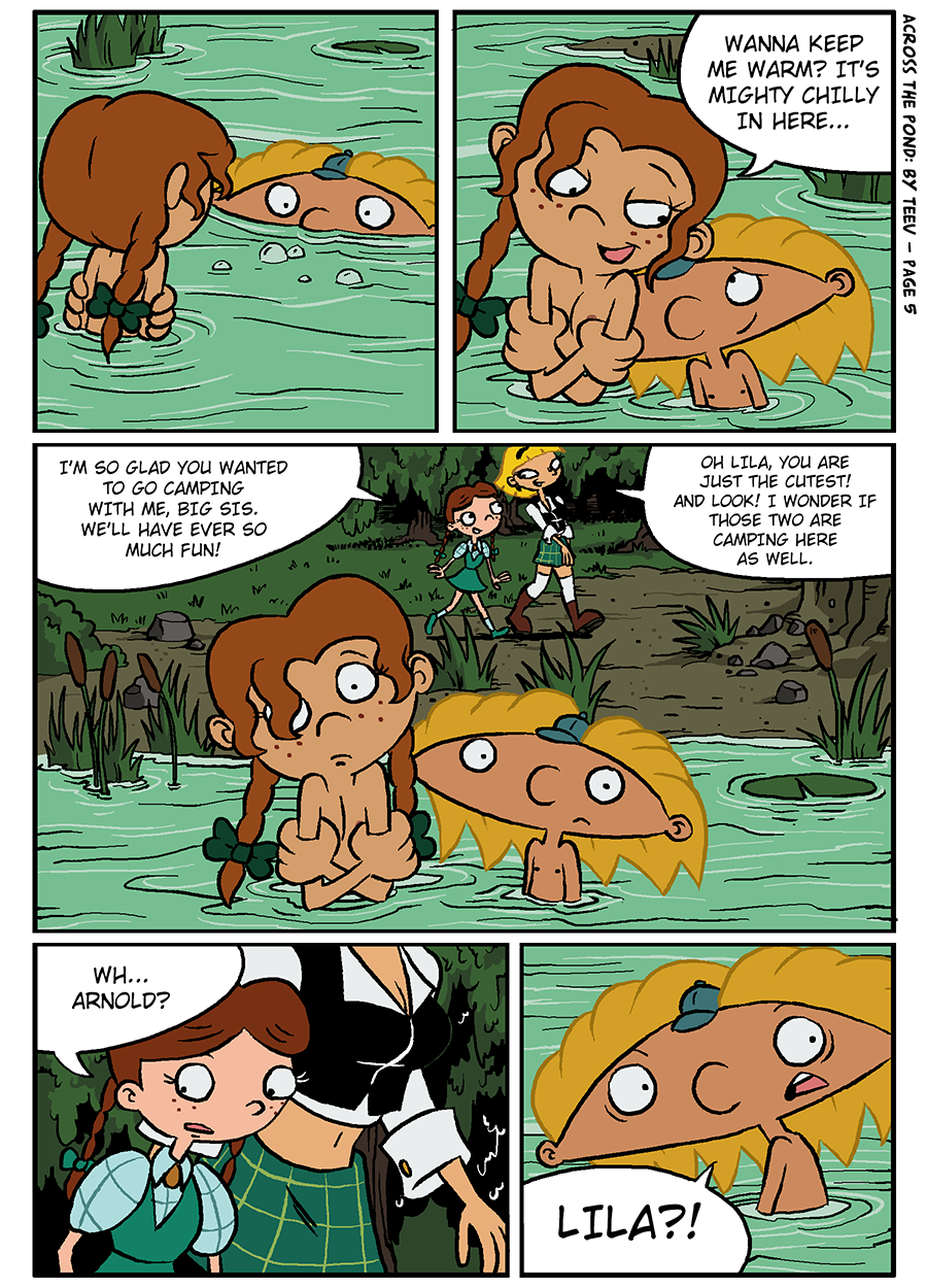 1boy 3girls arnold_shortman blonde_hair brown_hair casual comic dialogue female hey_arnold! human lila_sawyer lulu_(hey_arnold) male nickelodeon nude olga_pataki outdoors pale_skin partially_submerged speech_bubble swimming teev text