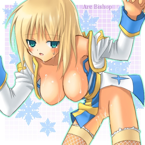 arch_bishop_(ragnarok_online) bangs blonde_hair blue_dress blue_eyes blush breasts character_name cowboy_shot cross cum dress eyebrows_visible_through_hair female fishnet_legwear fishnets frilled_legwear hanging_breasts juliet_sleeves large_breasts leaning_forward long_hair long_sleeves lowres no_nipples no_panties open_mouth puffy_sleeves ragnarok_online sakage sash solo sweat thighhighs two-tone_dress white_dress white_legwear yellow_sash