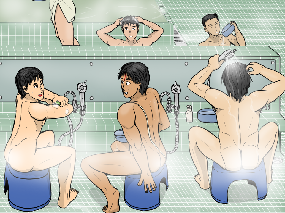 3boys anime_style asian asian_male ass ass_expansion ass_focus ass_open ass_shake back_view bath bathhouse bathing bathroom bidet black_hair brown_ass brown_body brown_butt brown_skin bubble_ass bubble_butt bubbles butt butt_focus comedy confused confused_face confused_look confusion copyright_request dark-skinned_male foam foamy fog foggy forehead_mark forehead_markings funny funny_face gay gay_denial hindu indian indian_male interracial japan japanese japanese_dialogue male male_focus male_only moist no_visible_genitalia shocked shocked_expression shocked_eyes shocked_face shower showering sitting_on_balls sitting_on_stool soap soap_bubbles spread_legs stool stool_position surprised surprised_expression surprised_face talking talking_to_another tanned tanned_skin thread tiles towel_around_waist vachalenxeon washing_hair washroom