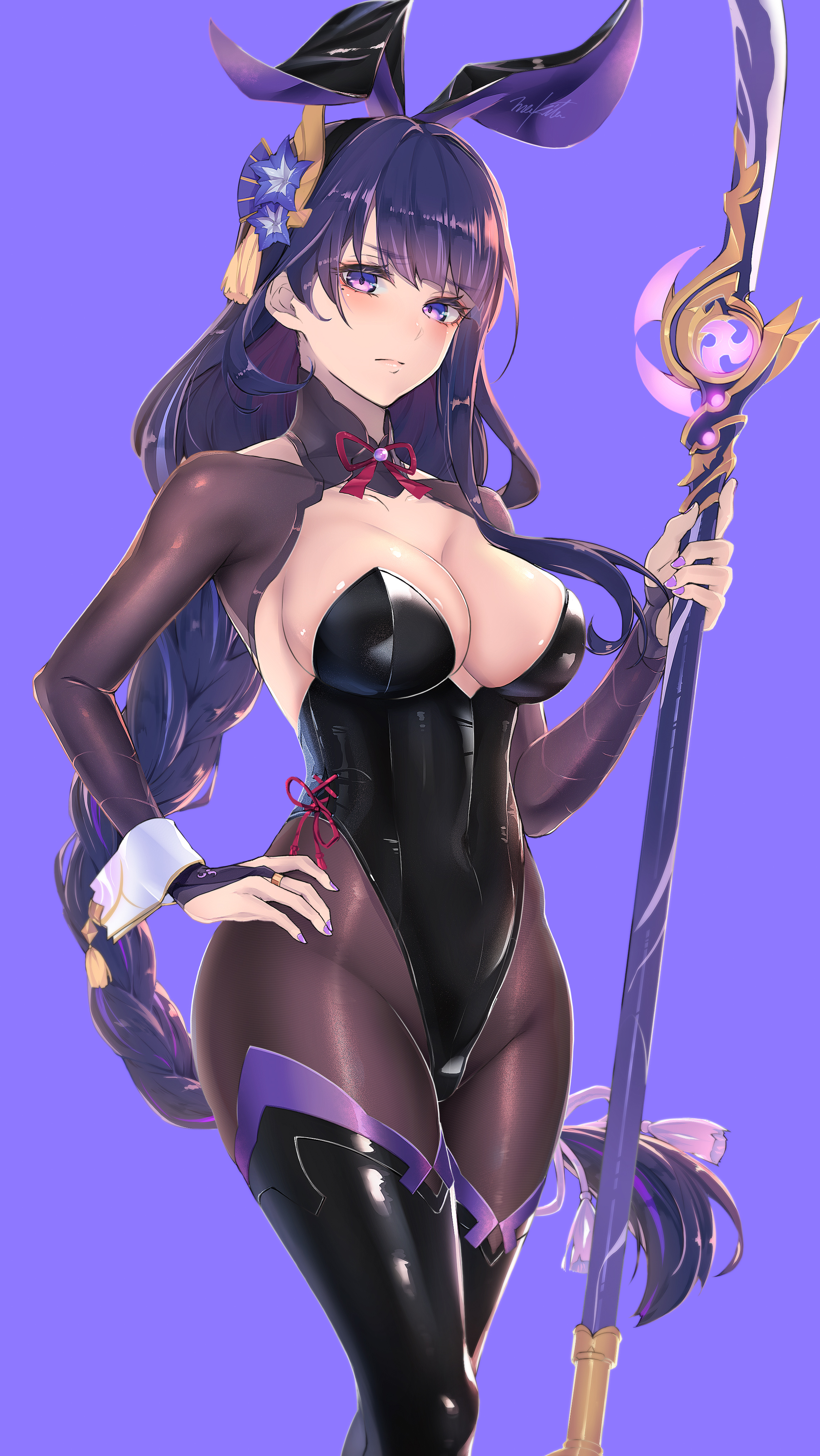 1girls, 2021, absurdres, animal ears, bangs, black legwear, black leotard, blush, braid, breasts, bridal gauntlets, bunny ears, cleavage, eyebrows visible through hair, fake animal ears, female, female focus, female only, genshin impact, hand on hip, highleg, highleg leotard, highres, holding, holding polearm, holding weapon, large breasts, leotard, long hair, looking at viewer, makita (twosidegekilove), mole, mole under eye, naginata, pantyhose, playboy bunny, polearm, purple background, purple eyes, purple hair, purple nails, raiden shogun, shrug (clothing), simple background, solo, strapless, strapless leotard, thighhighs, weapon, wrist cuffs