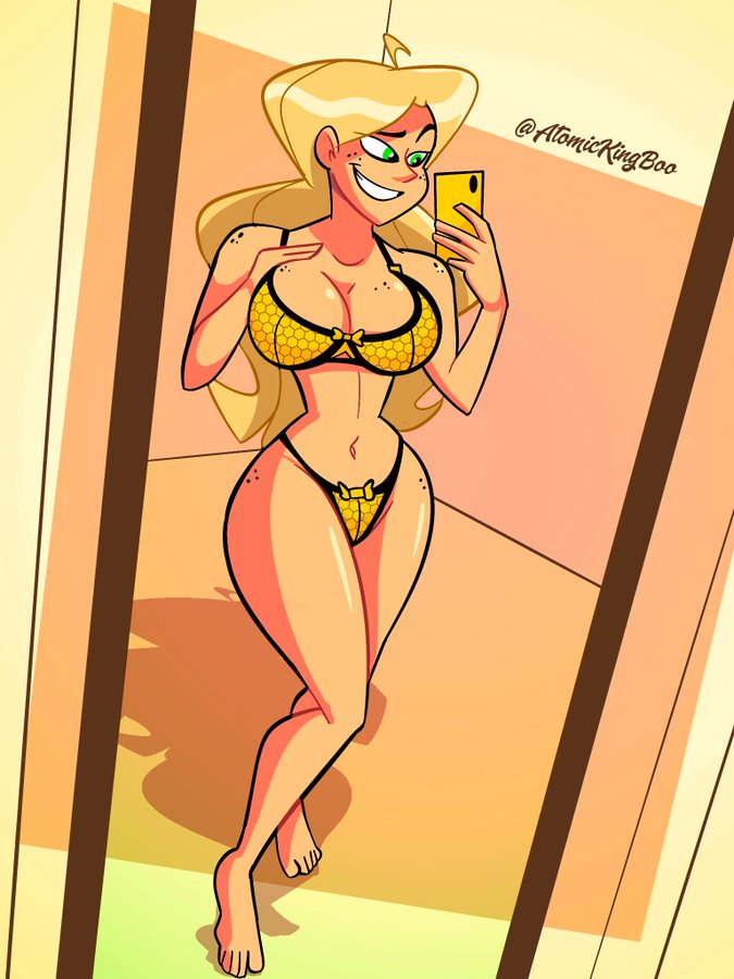 1girls artist_name atomickingboo background big_breasts breasts busty cleavage clothing eyelashes female freckles hips hourglass_figure large_breasts legs lips long_hair original original_character sarah_mcneil thick_thighs thighs voluptuous watermark wide_hips yellow_theme