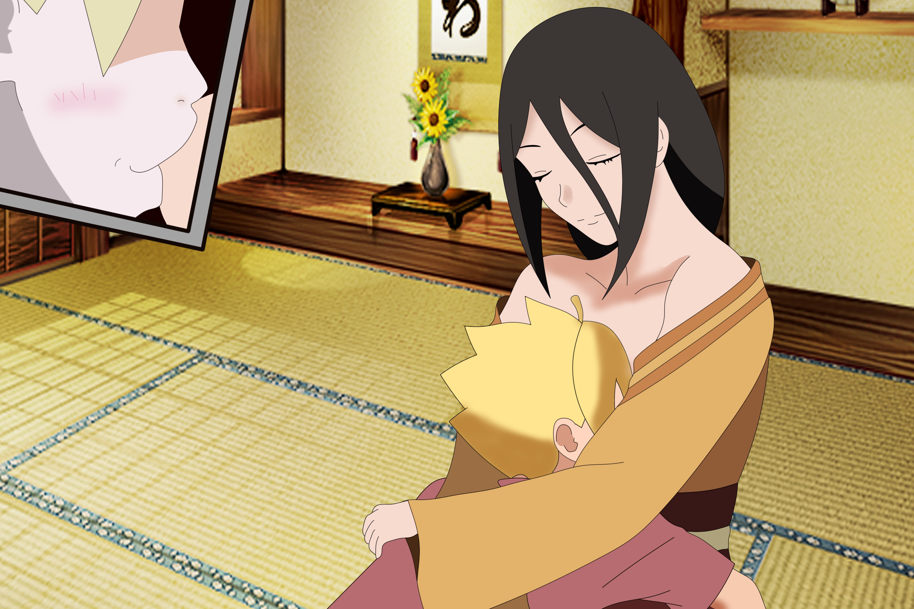 1boy, 1girls, adult, age difference, artist request, aunt and nephew, blonde hair, blush, body swap, boruto: naruto next generations, breast feeding, breast sucking, breasts, brown hair, close-up, closed eyes, clothed sex, clueless, deception, female, hugging, hyuuga hanabi, implied incest, incest, indoors, kimono, lying on person, lying on stomach, male, naruto, naruto (series), off shoulder, older female, oral, sitting, smile, smirk, teenager, uzumaki boruto, white skin, yamanaka inojin, yellow hair, younger male
