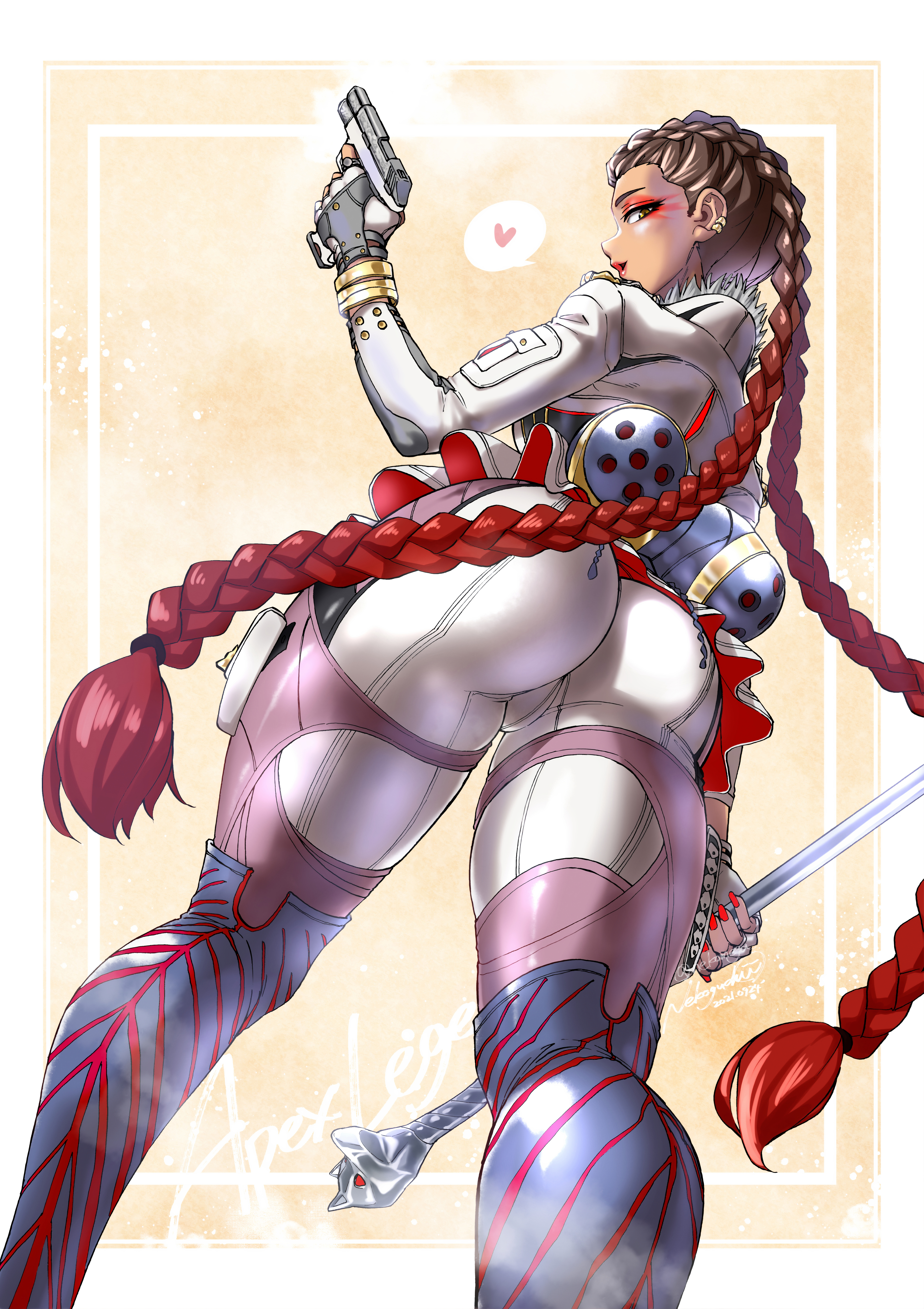 2d, apex legends, ass, big ass, big breasts, big butt, breasts, cameltoe, female, heart, holding weapon, loba (apex legends), looking at another, looking at partner, looking at viewer, looking back, looking down, nekomicha, pov ass, pov eye contact, pussy, pussy visible through clothes, simple background, thick, thick ass, thick hips, thick legs, thick thighs, tight clothes, tight clothing, tight pants, tights, viewed from behind, viewed from below