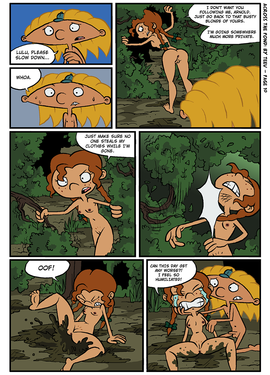 1boy 1girls anus arnold_shortman blonde_hair branch brown_hair casual comic dialogue female hey_arnold! human lulu_(hey_arnold) male male_nipples mud nickelodeon nipples nude outdoors pale_skin penis pussy skinny_dipping speech_bubble swimming teev testicles