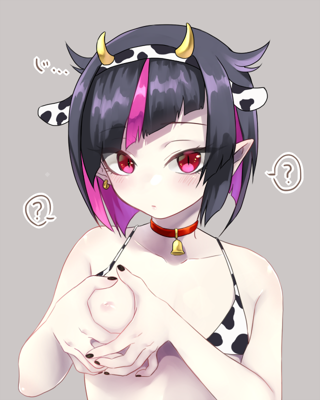 1boy black_hair blush cow_ears cow_horns cow_print cowbell cute cute_male earrings femboy horns japanese_text lilia_vanrouge micro_bikini multicolored_hair nipples pink_eyes pink_hair trap twisted_wonderland wiirrrrr