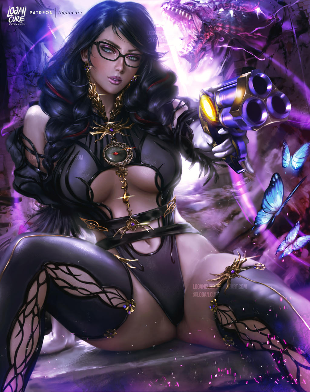1girls, 2d, bangs, bare thighs, bayonetta, bayonetta (character), bayonetta 3, beauty mark, belly button, big breasts, black hair, bodysuit, braid, braided hair, braids, breasts, cleavage, female, female focus, female only, firearm, glasses, gun, handgun, hi res, inner sideboob, leotard, lipstick, logan cure, long hair, makeup, mostly clothed, purple lipstick, revolver, solo, solo female, solo focus, thick thighs, thighhighs, thighs, thong, thong leotard, underboob, watermark, weapon, wide hips