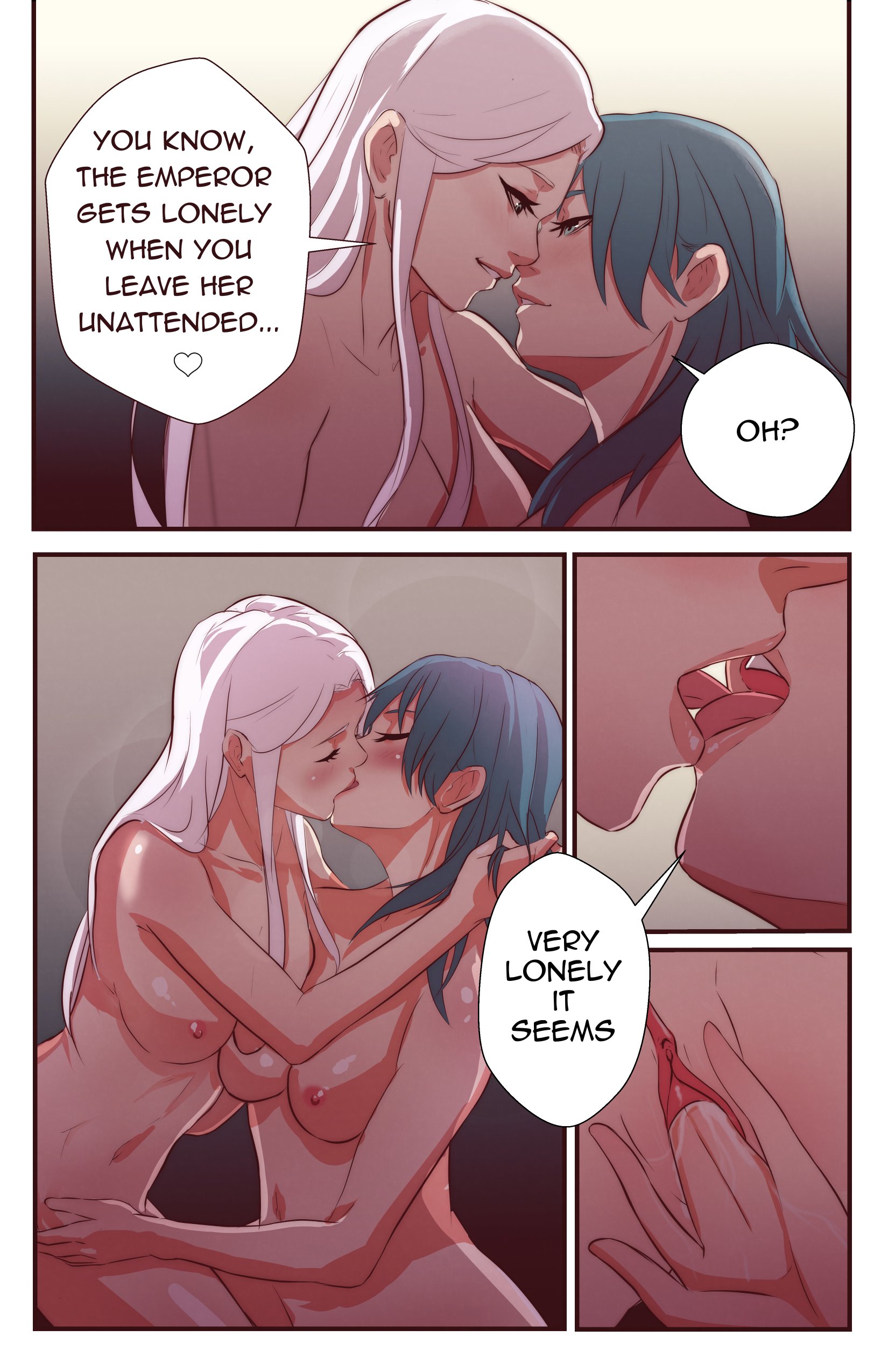 2girls, bedroom, breasts, byleth (fire emblem), byleth (fire emblem) (female), comic, completely nude, edelgard von hresvelg, english text, female, female only, female/female, fingering, fingering partner, fire emblem, fire emblem: three houses, french kiss, kissing, lesbian sex, multiple females, multiple girls, naked, nintendo, nude, nude female, passionate, pomelomelon, pussy, romantic, royalty, text, vaginal penetration, yuri