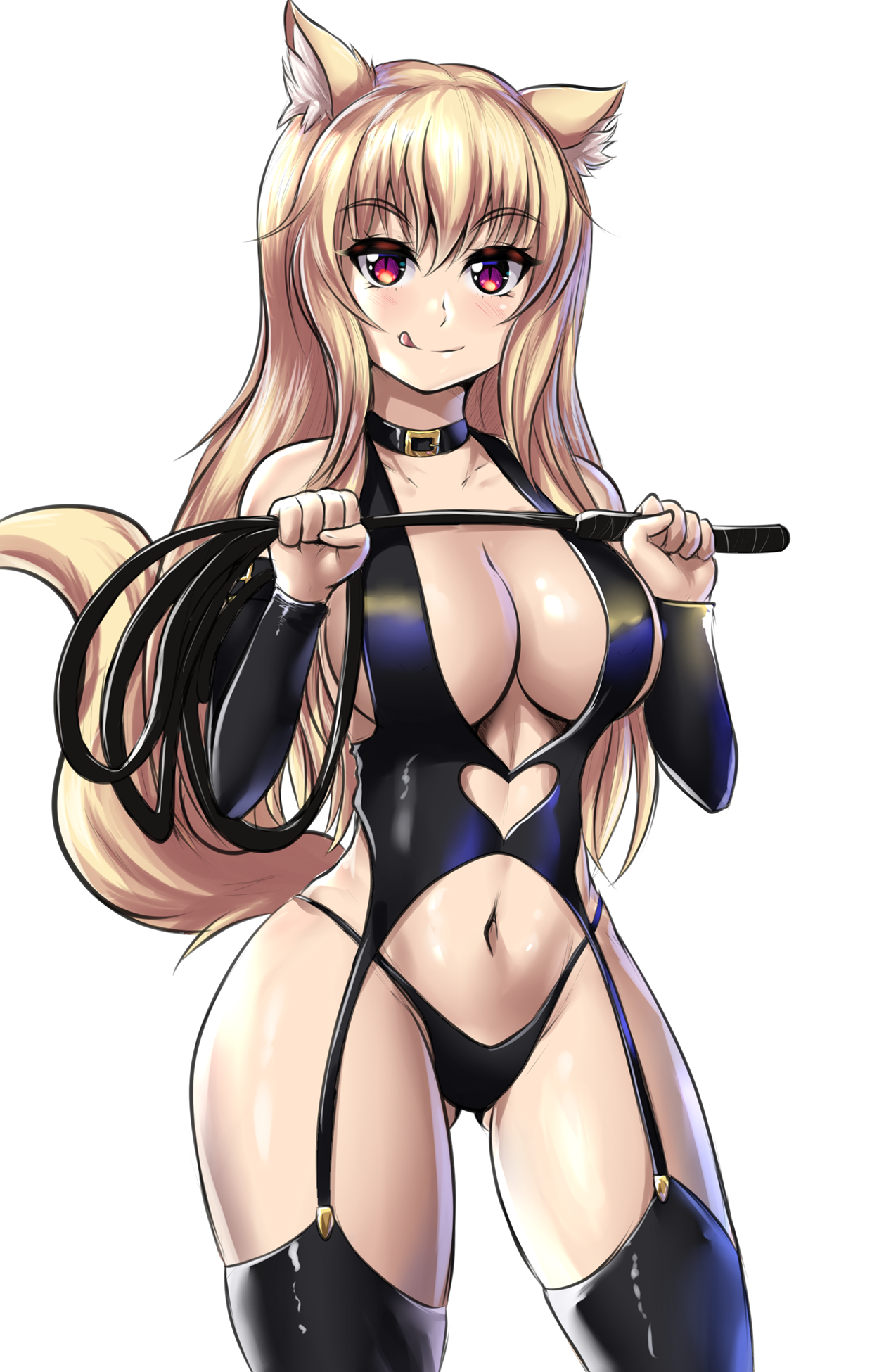 :p, 1girls, animal ears, bare shoulders, black legwear, blonde hair, blush, bondage outfit, breasts, cat ears, cat girl, cat tail, catgirl, cleavage, detached sleeves, female, heart, heart cutout, highres, large breasts, leonart, long hair, looking at viewer, navel, original, panties, red eyes, revealing clothes, simple background, smile, solo, tail, thighhighs, tiffy, tongue, underwear, whip, white background