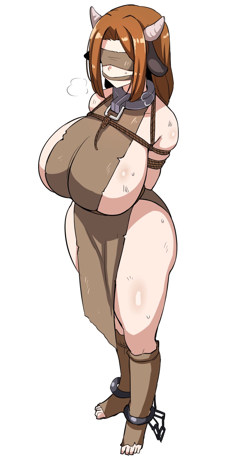 1girls, ankle cuffs, arms behind back, blindfold, bondage, bound, bound ankles, bound arms, breasts, breath, brown hair, chains, cleave gag, cloth gag, collar, cow girl, cow horns, female, female only, femsub, full body, gag, gagged, heavy breathing, highres, horns, hucow, huge breasts, improvised gag, long hair, metal collar, original, rebake-1453, simple background, slave, slave collar, slave girl, solo, submissive female, sweat, sweatdrop, white background