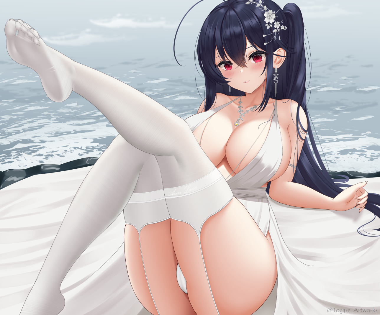 1girls, 2021, ahoge, azur lane, bangs, black hair, blush, breasts, dress, earrings, female, female only, garter straps, hair between eyes, hair ornament, huge breasts, jewelry, large breasts, leaning back, leg up, light skin, light-skinned female, long hair, looking at viewer, necklace, no shoes, ocean, official alternate costume, panties, pantyshot, parted lips, plunging neckline, red eyes, sakura empire (azur lane), side ponytail, sitting, skindentation, solo, taihou (azur lane), taihou (temptation on the sea breeze) (azur lane), thighhighs, thighs, togare, underwear, very long hair, wedding dress, white dress, white legwear, white panties
