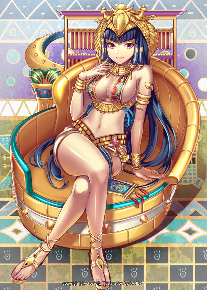 1girls arm_support armband blue_hair bracelet breasts cleavage couch egyptian egyptian_clothes eyeshadow female full_body headdress jewelry kaku-san-sei_million_arthur large_breasts legs_crossed long_hair looking_at_viewer makeup million_arthur_(series) navel necklace official_art open_mouth original purple_eyes sandals shiny_skin sitting solo