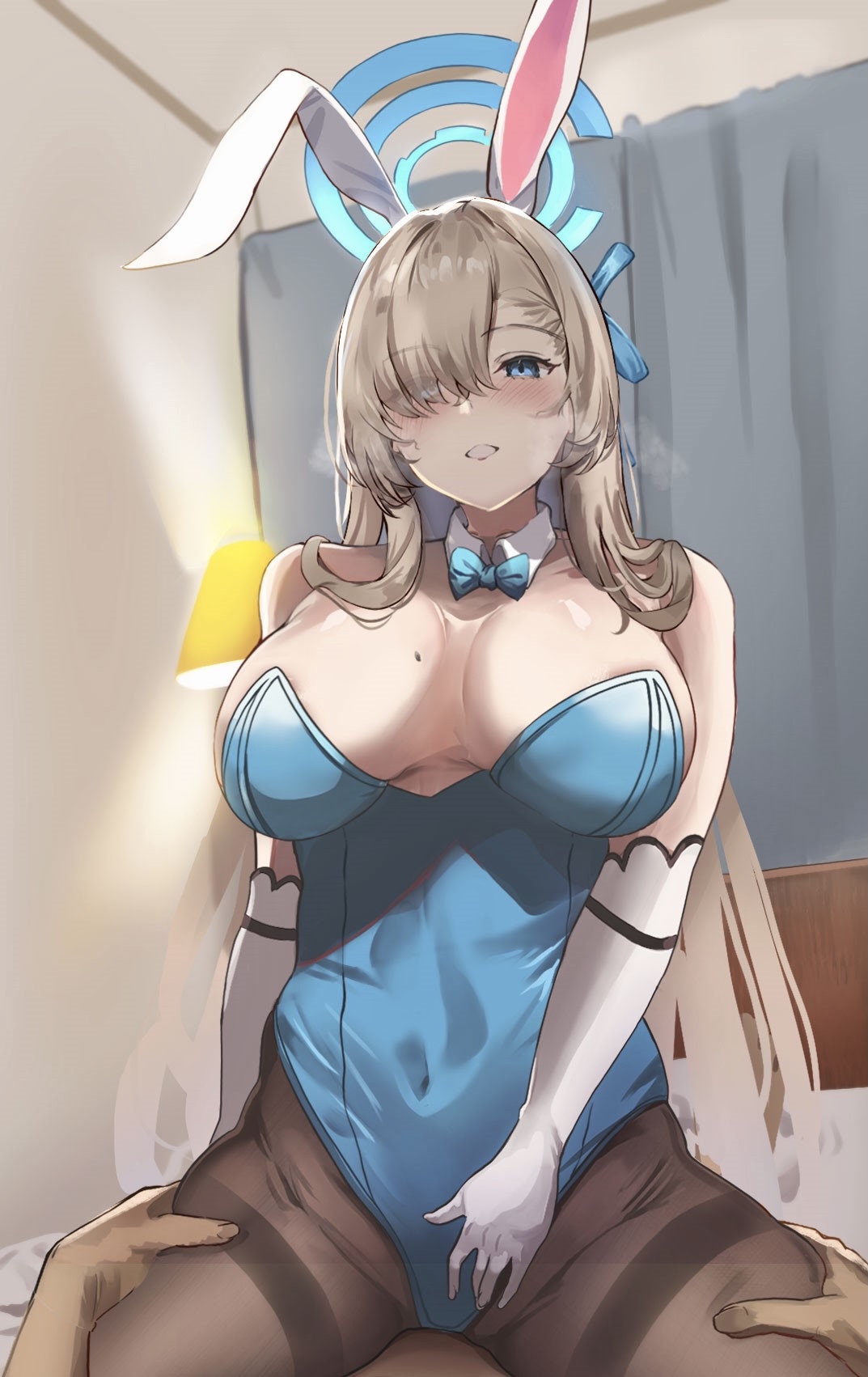 1boy, 1girls, 2021, areola slip, asuna (blue archive), asuna (bunny) (blue archive), bare shoulders, big breasts, blue archive, blue eyes, blue leotard, blush, bow, breasts, bunny ears, bunnysuit, cleaning & clearing (blue archive), clothed, clothed female, covered navel, covered nipples, covered pussy, cowgirl position, detached collar, detached sleeves, female, female focus, horin (artist), leotard, light skin, light-skinned female, light-skinned male, male, millennium science school student, mole, mole on breast, pantyhose, pussy, sitting, sitting on person, thick thighs, thigh squeeze, thigh squish, thighs