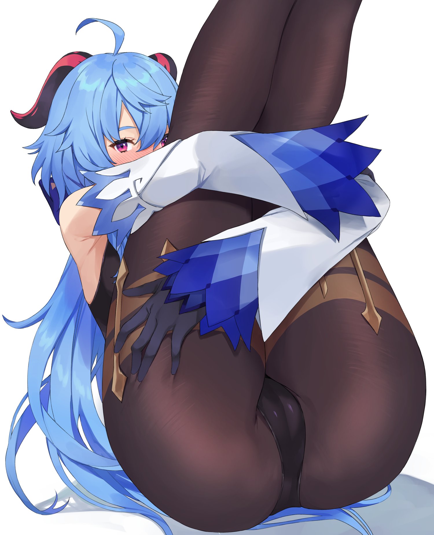 ass, ass focus, black legwear, blue hair, blush, female, ganyu (genshin impact), genshin impact, horns, kamu (kamuuei), kamuuei, looking at viewer, pantyhose