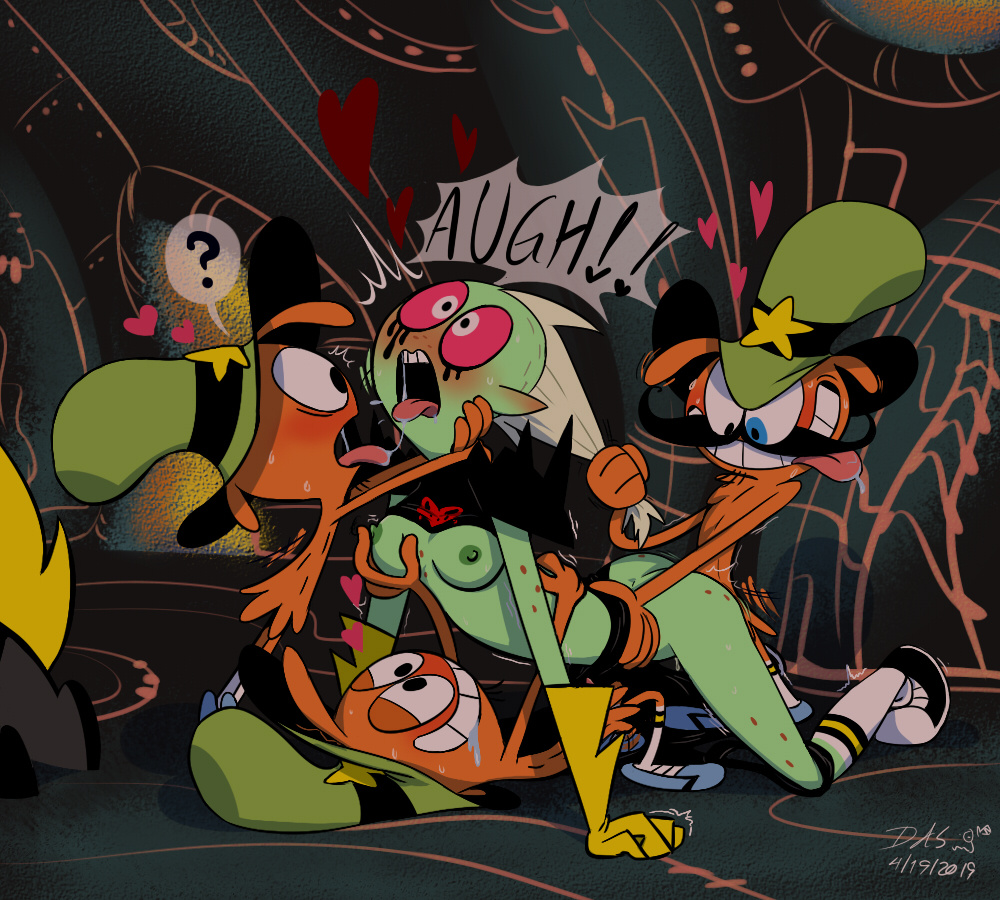 2d 3boys alien ambiguous_penetration armor breasts canine clothing female footwear green_body green_skin handwear lord_dominator male nipples punk saliva sex star_nomad text umayorokobi wander_(wander_over_yonder) wander_over_yonder